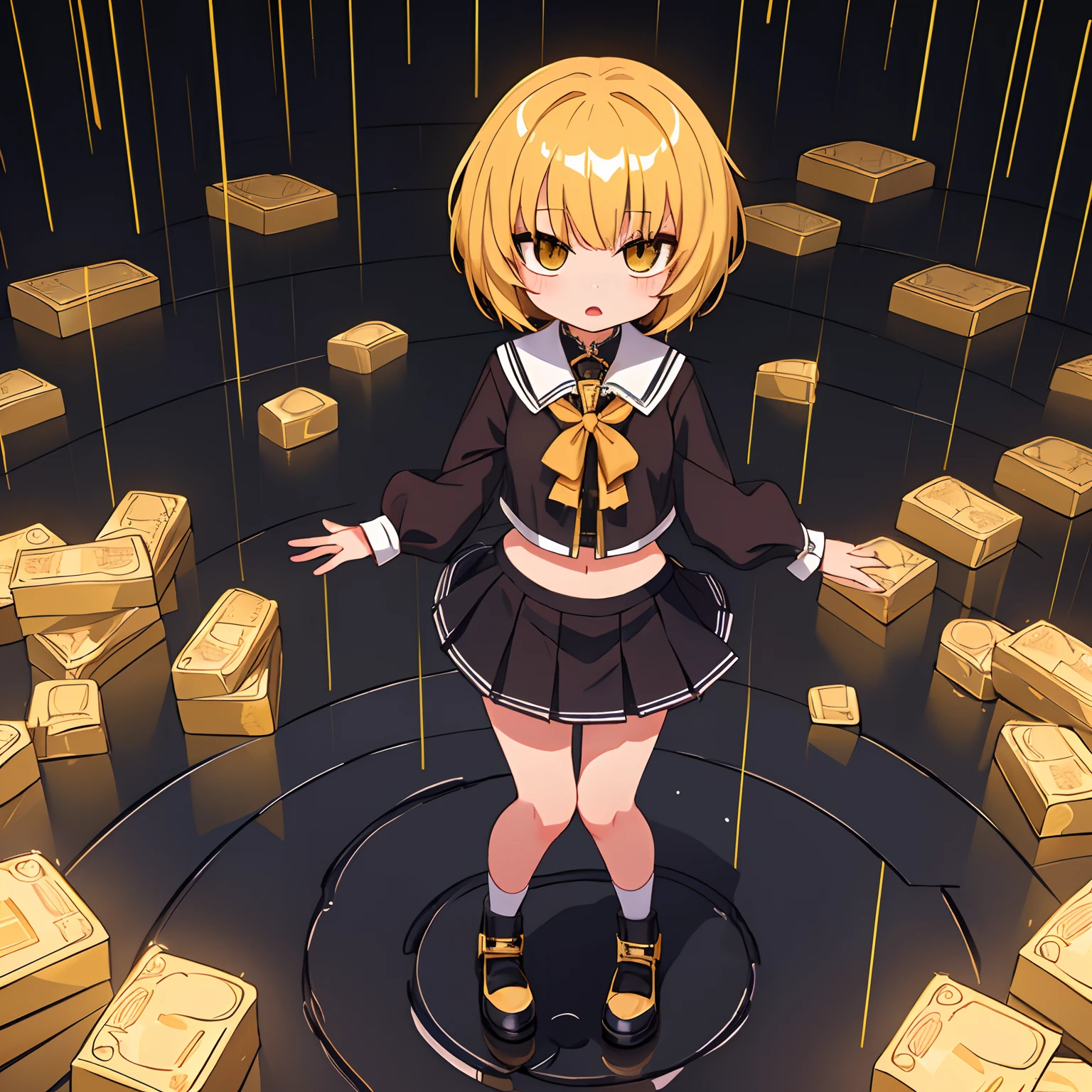 emo loli, short skirt, short hair, standing, billionaire, shiny gold bars, rain of dollars