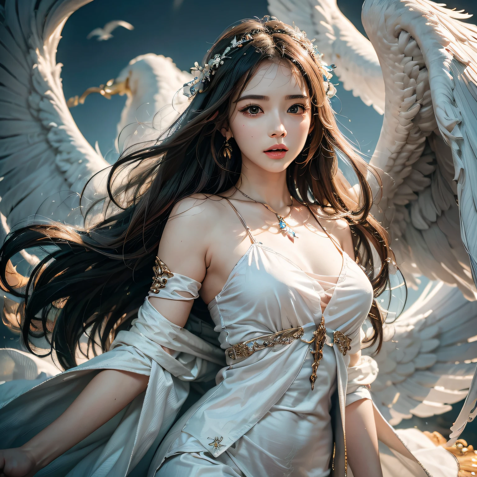 (8K, RAW photo, Best quality, Masterpiece:1.2), (Realistic, photo-realistic:1.37), Ultra-detailed,(detailed beautiful girl:1.4),1female，（White robe），A flowing white robe，A beautiful woman with grace，Ride a majestic phoenix，Soar through the clouds。The wind gently lifted her robe，As they gracefully navigate through the ethereal cloudscape，The feeling of flight is highlighted。