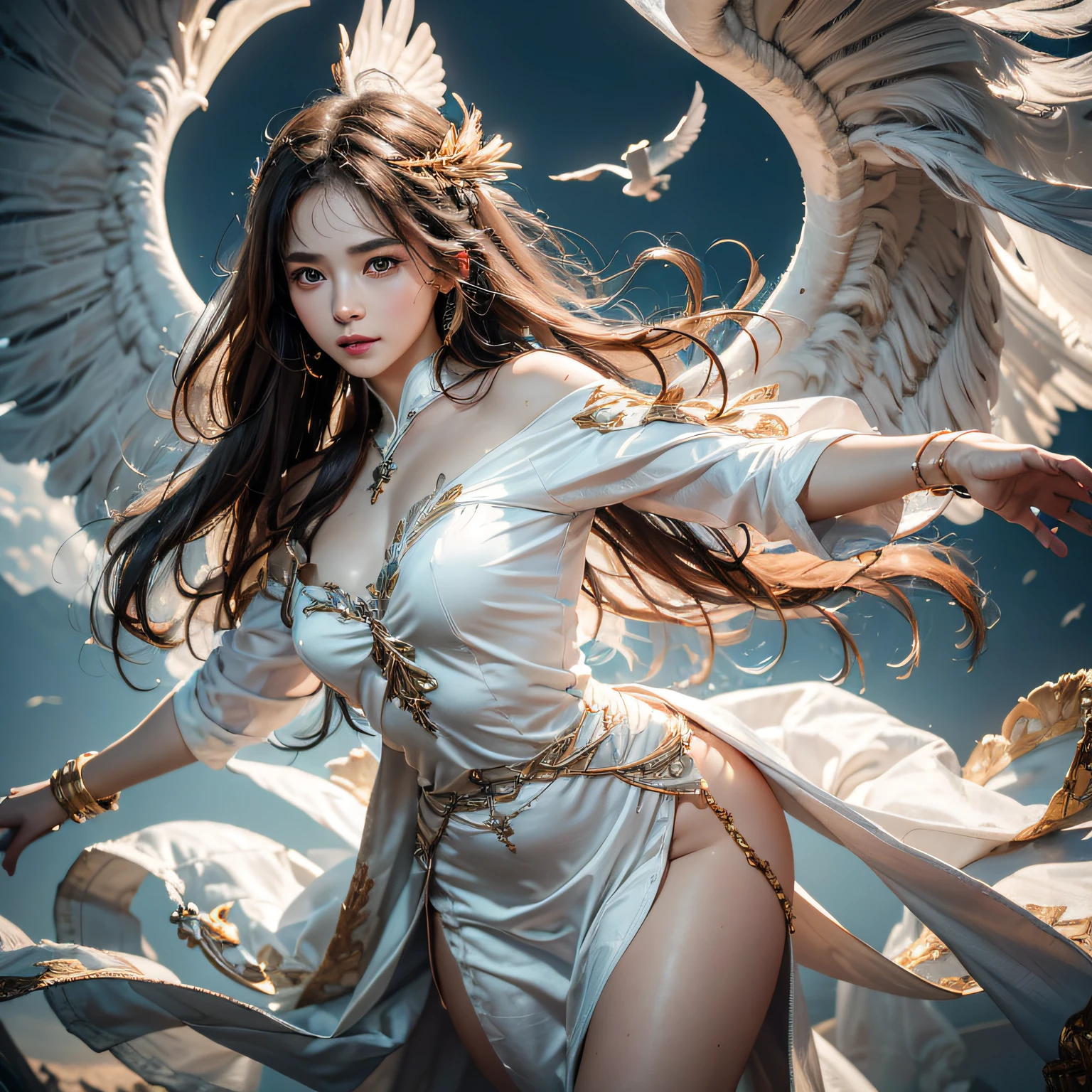 (8K, RAW photo, Best quality, Masterpiece:1.2), (Realistic, photo-realistic:1.37), Ultra-detailed,(detailed beautiful girl:1.4),1female，（White robe），A flowing white robe，A beautiful woman with grace，Ride a majestic phoenix，Soar through the clouds。The wind gently lifted her robe，As they gracefully navigate through the ethereal cloudscape，The feeling of flight is highlighted。