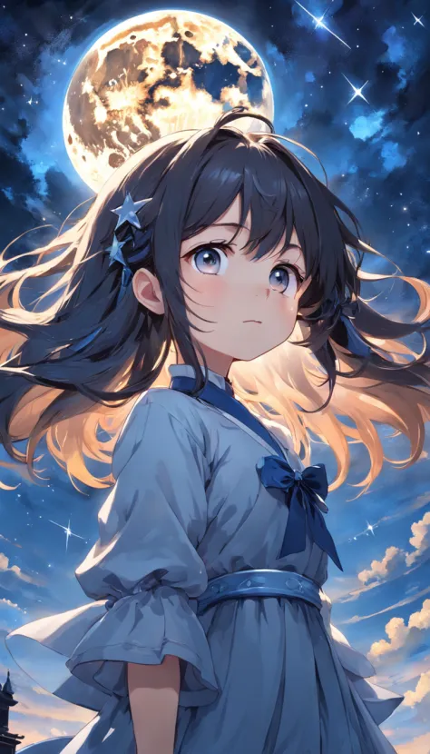 A girl who is captivated by a charming starry night, Gaze at the Symphony of Celestial Bodies Symphony of the Stars, wispy clouds, meteors, And a brilliant full moon, Grab your audience's attention.