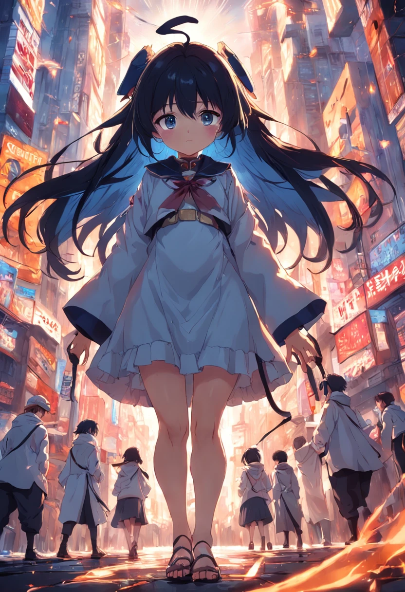 A girl in a white dress walking through a city with a sword - SeaArt AI