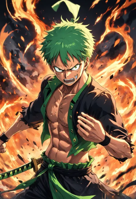 Design a gripping poster featuring zoro from "One Piece" in a fit of rage. Capture the essence of his burning determination and unyielding spirit as he unleashes his wrath upon his enemies. Keep it short, bold, and intense to convey the raw power of zoro's...