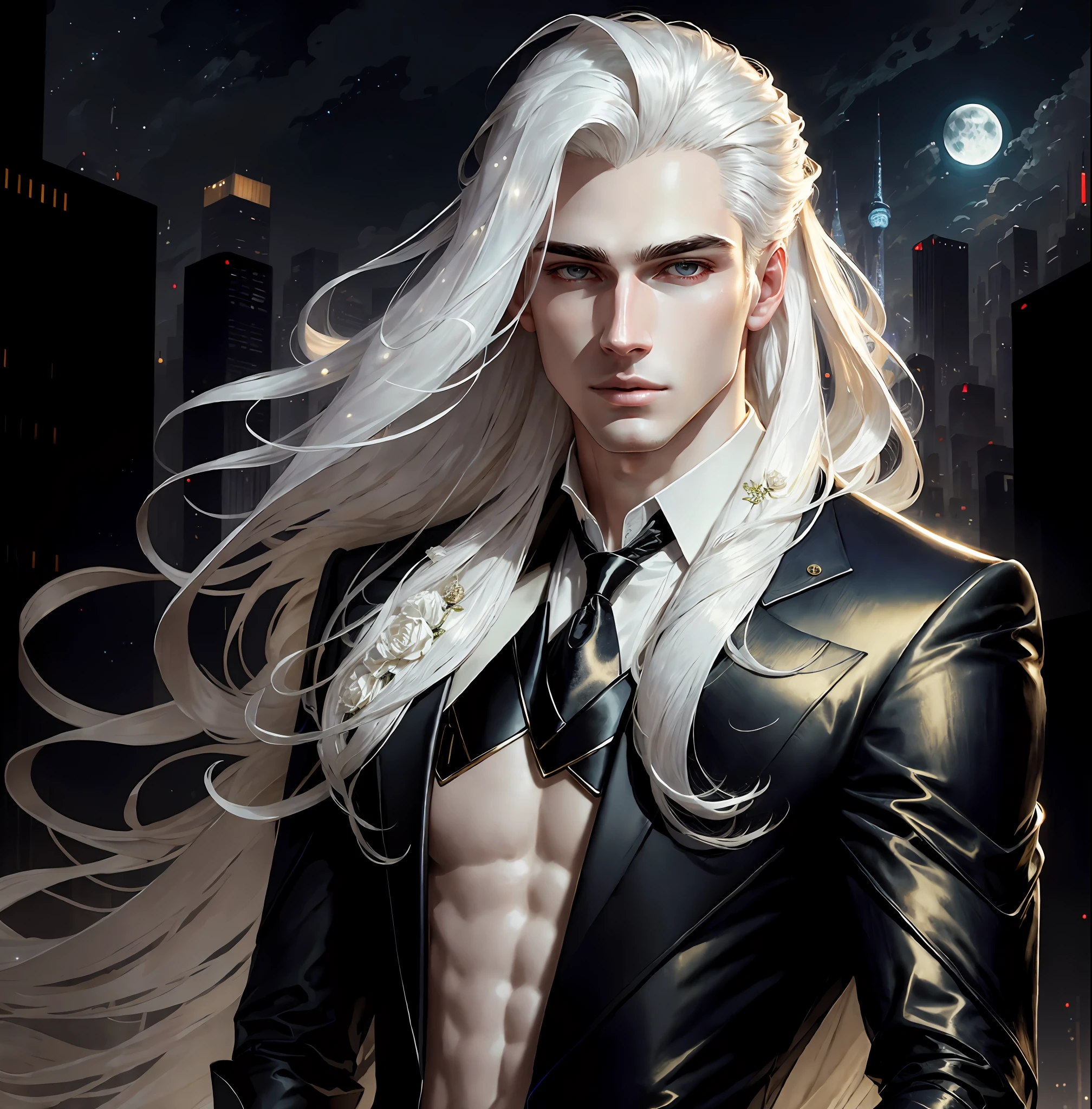masterpiece, highest quality, (solo focus), (perfect face:1.1), (high detail:1.1), dramatic, 1guy, (pale skin), long white hair, white eyes, [light eyebrows], solo, long hair, moon, night, white luxury suit, covered navel, pouty lips, covered, futuristic city, detailed background, art by artgerm and greg rutkowski, cinematic lighting, roses, fashion, BalenciagaStyle