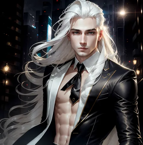 masterpiece, highest quality, (solo focus), (perfect face:1.1), (high detail:1.1), dramatic, 1guy, (pale skin), long white hair,...