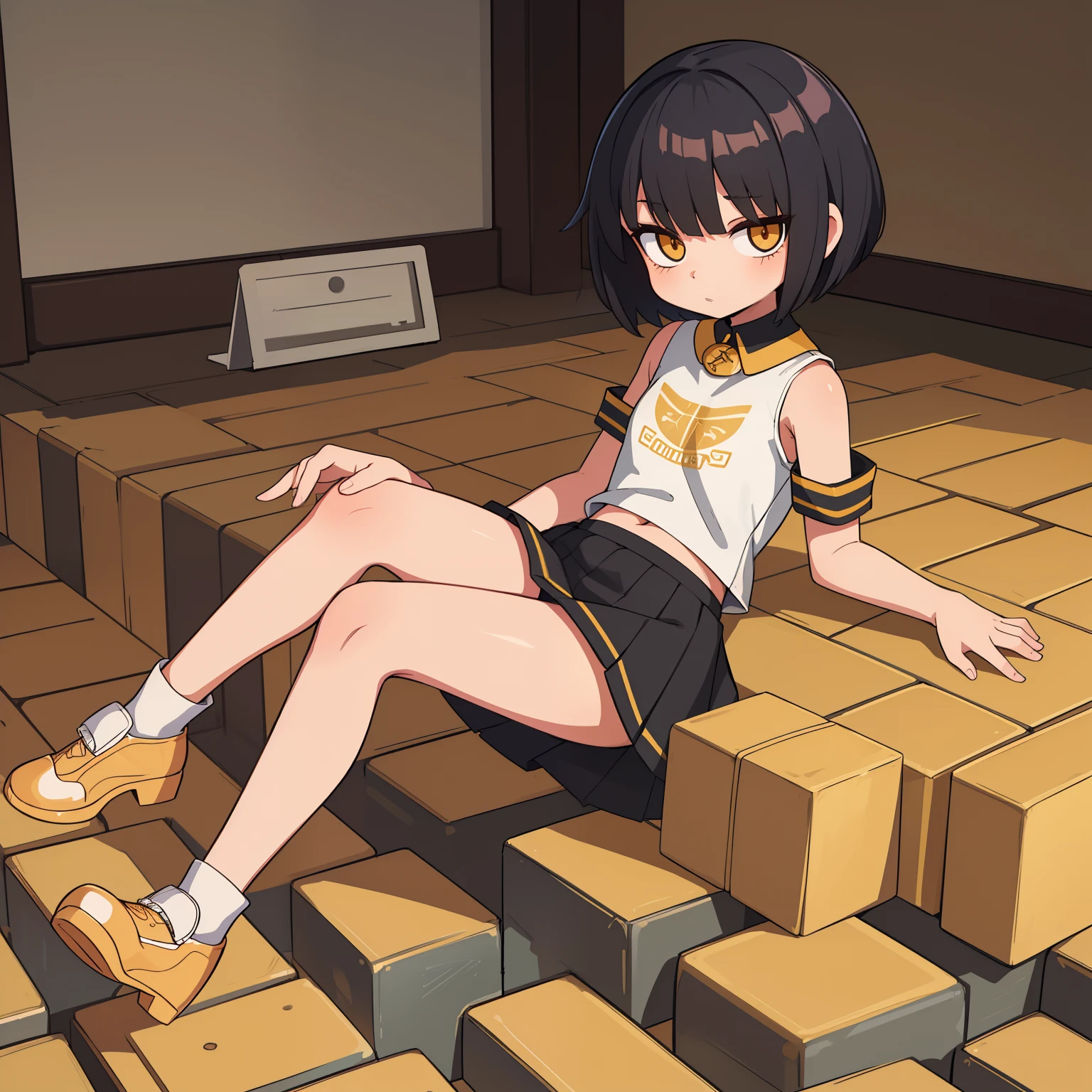 one emo loli, short skirt, short hair, sitting on shiny gold blocks, legs crossed, gold wall, dollar bills