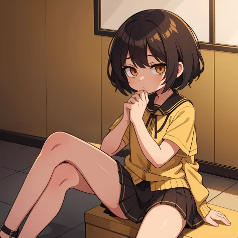 one emo loli, short skirt, short hair, sitting on shiny gold blocks, legs crossed, gold wall, dollar bills