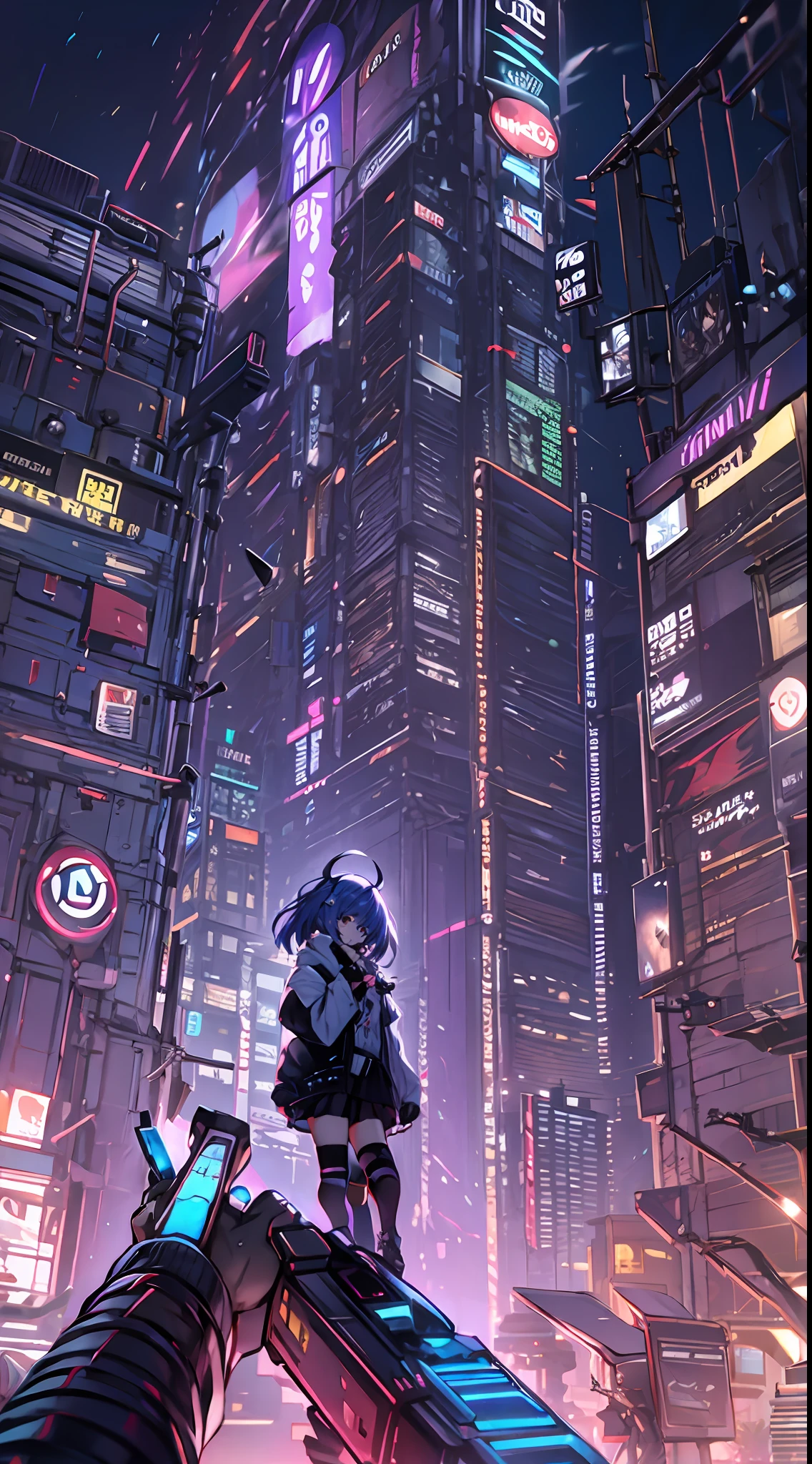 Nuit, Fond de ville cyberpunk coloré,  de rue, âme,impact honkai,, yeux bleus, yeux pétillants, chaussettes noires, rétroéclairé, briller, Sonder le public, objectif faible angle, regardant l&#39;objectif, composition parfaite, délicatesse parfaite de la lumière et de l&#39;ombre, 8k