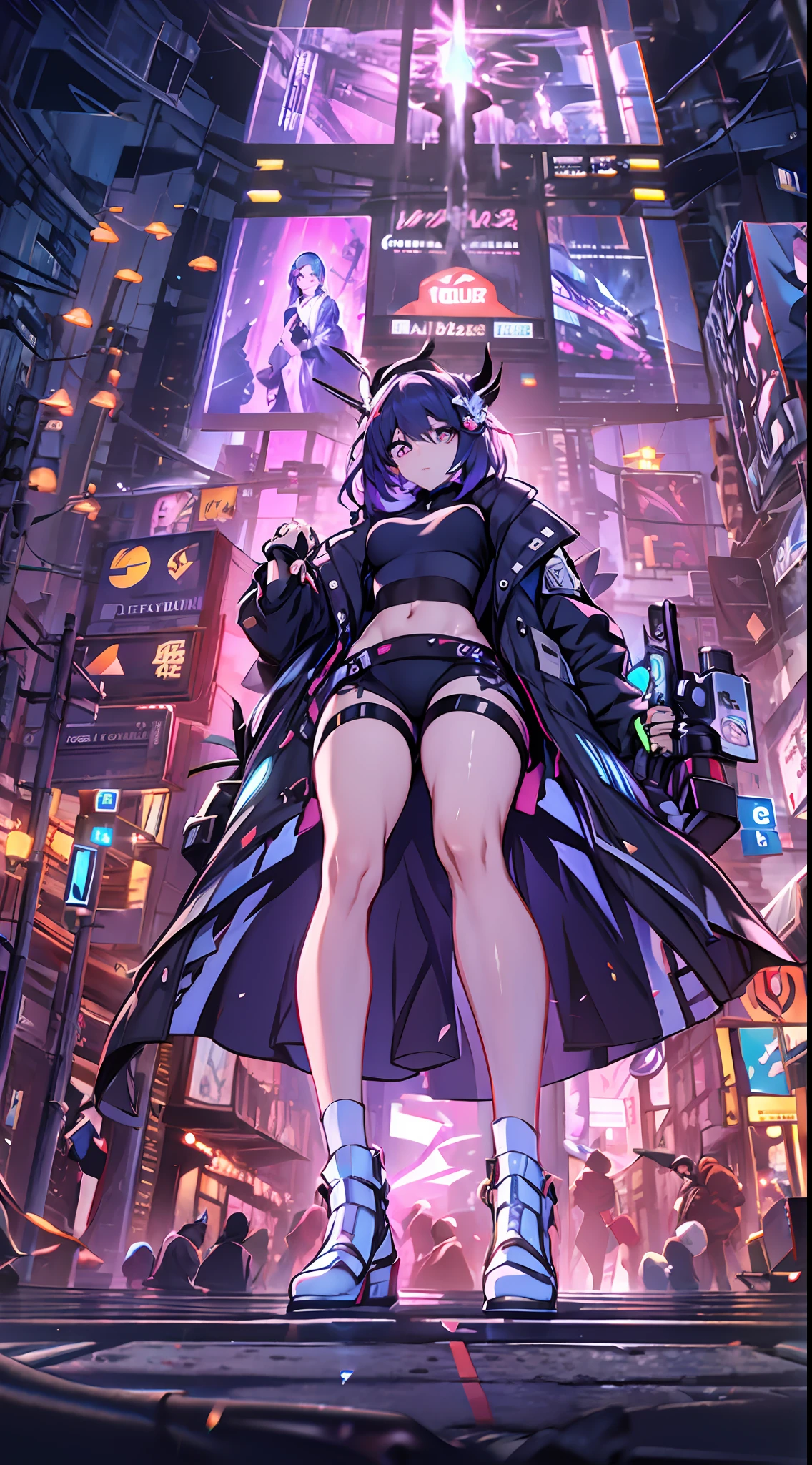 Nuit, Fond de ville cyberpunk coloré,  de rue, âme,impact honkai,, yeux bleus, yeux pétillants, chaussettes noires, rétroéclairé, briller, Sonder le public, objectif faible angle, regardant l&#39;objectif, composition parfaite, délicatesse parfaite de la lumière et de l&#39;ombre, 8k