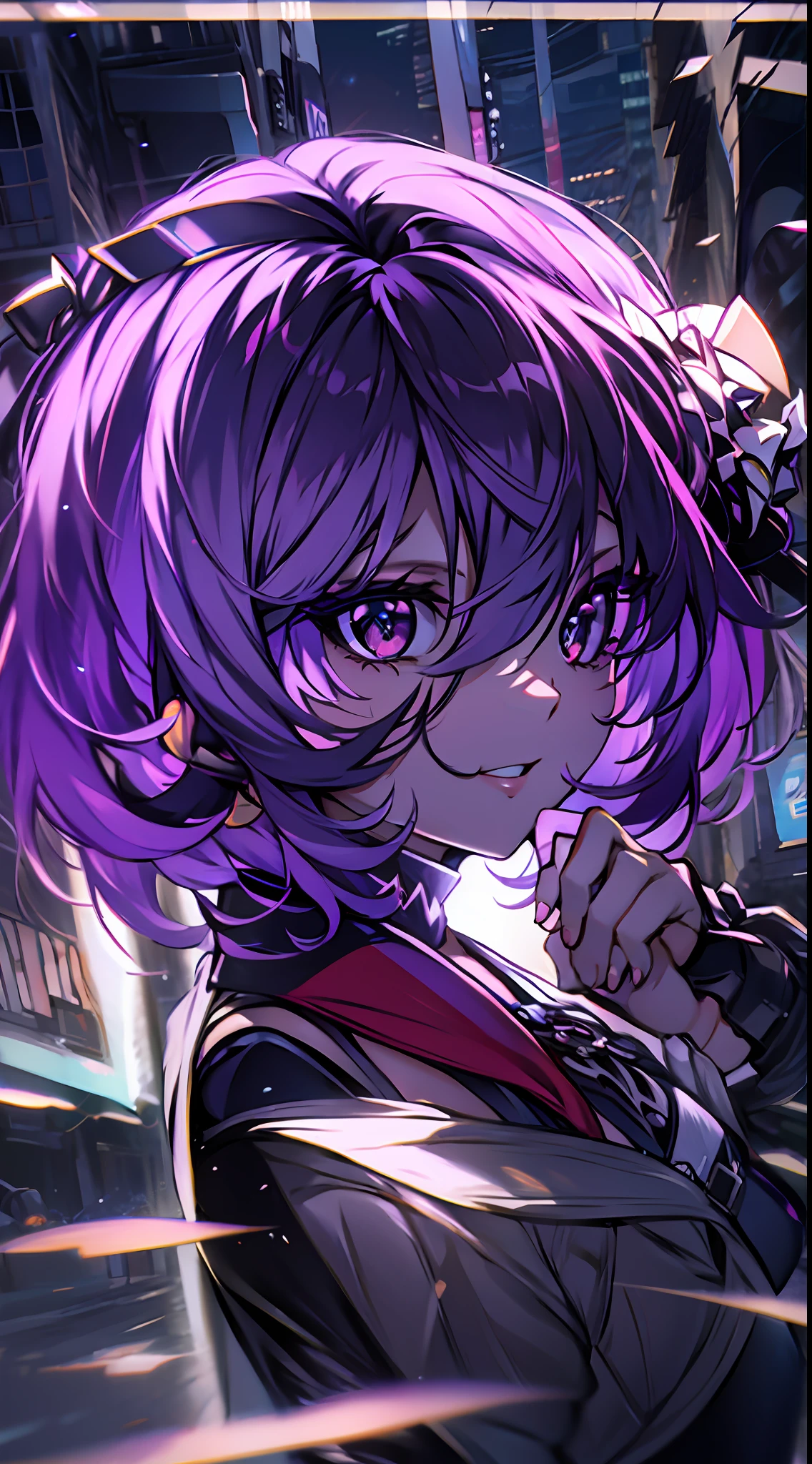 natta, Colorful cyberpunk city background,  of street, soul,honkai impact,, blue colored eyes, glare eyes, blackstockings, back-illuminated, Glow Up, Surveying the audience, Low angle lens, looking up lens, perfect composition, perfect delicacy of light and shadow, 8k