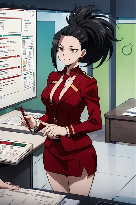 (((masterpiece))), yaoyoruzumomo, 1girl, solo, onyx eyes, smile, large breasts, black hair, collarbone, ponytail, long sleeves, ...