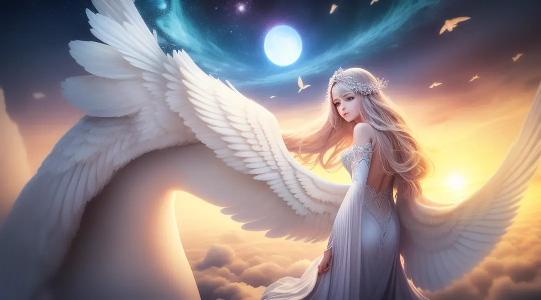 The angel must have a serene and majestic appearance, with bright white wings extending backwards. Your features should convey a...