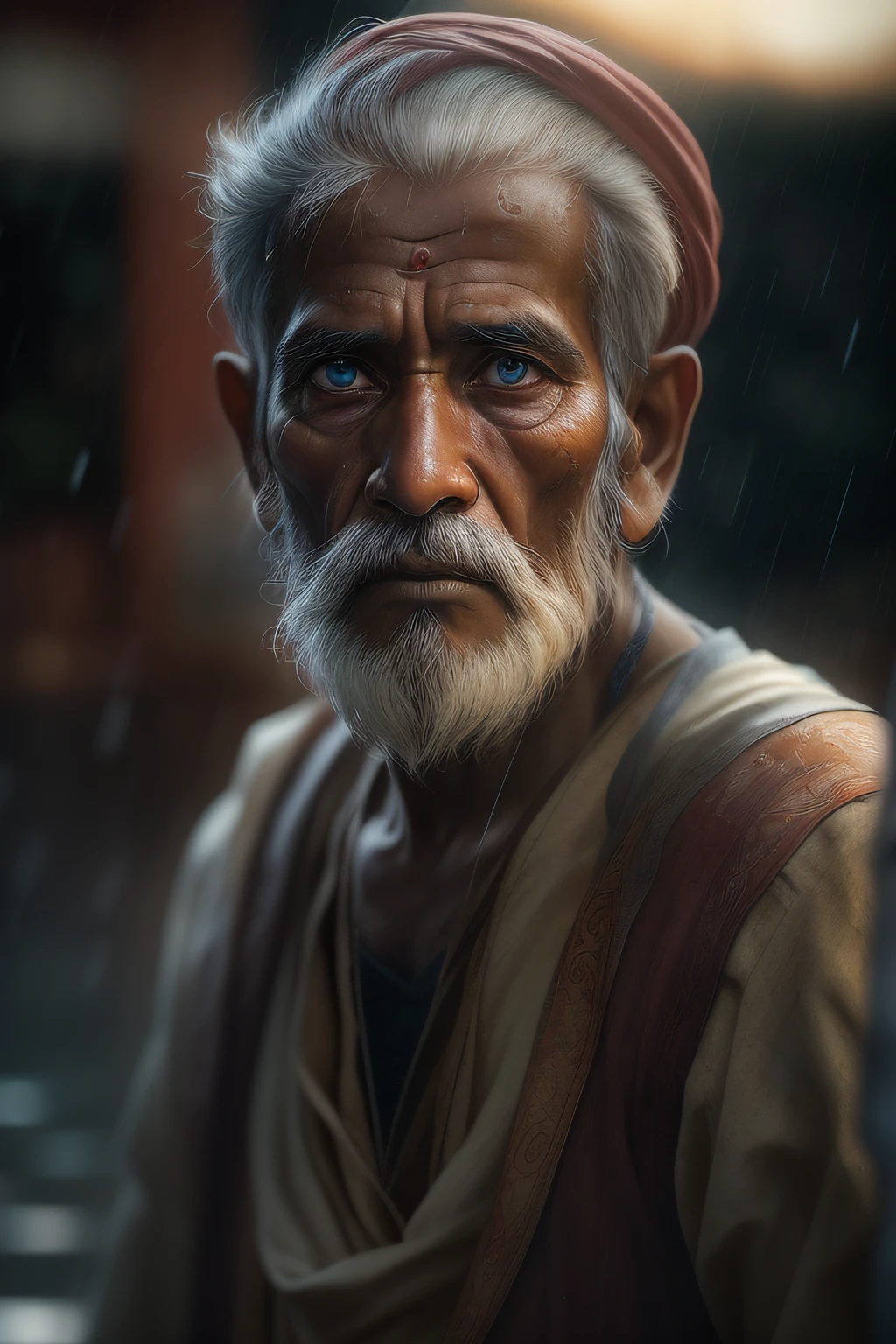 (sharp focus:1.2), an award winning full body photo of an Indian old man peasant, Indian old monk, bearded, wrinkled, water droplets, thunderstorm outside, lightning back lighting, , lines on face, wrinkles, extremely detailed skin, sadness, hopelessness ,cloudy eyes, (deep shadows:1.1), high contrast, beautiful eyes, absurdres, 8k, (high quality:1.3), , artstation hd, concept art, detailed face and body, award-winning photography, (moody lighting:1.2), depth of field, bokeh, 4K, HDR