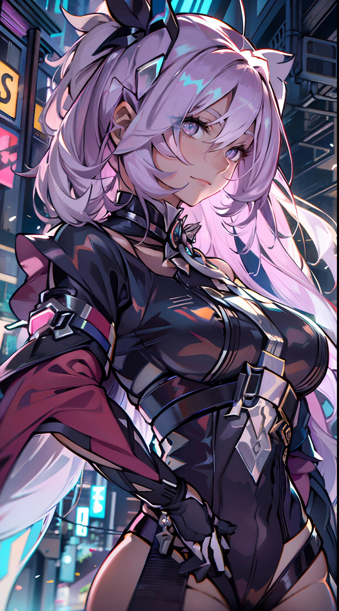 natta, Colorful cyberpunk city background,  of street, elysia,honkai impact,, blue colored eyes, glare eyes, blackstockings, back-illuminated, Glow Up, Surveying the audience, Low angle lens, looking up lens, perfect composition, perfect delicacy of light and shadow, 8k