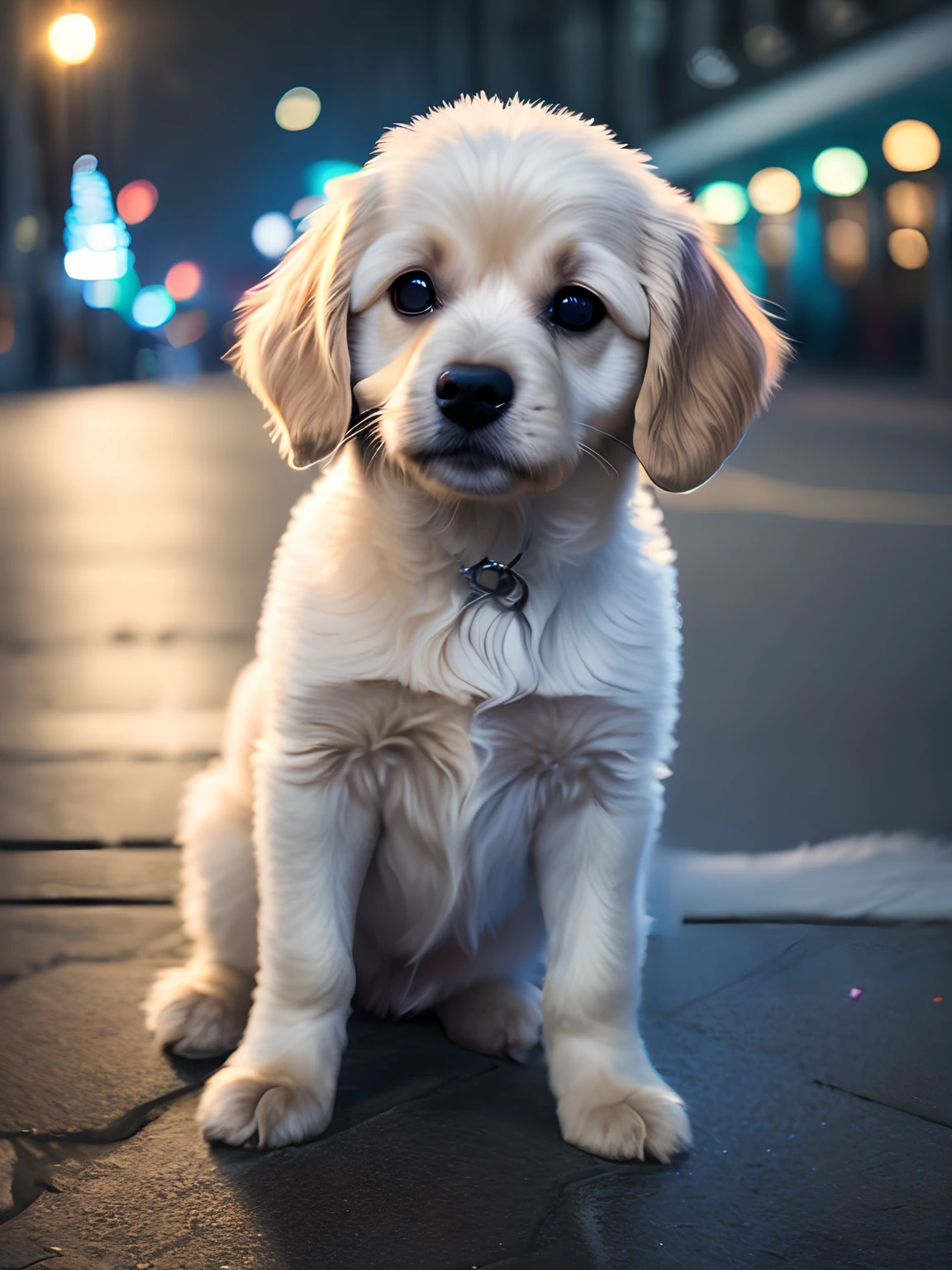 close-up photo of a very cute and happy puppy in the city, soft volumetric lights (backlight: 1.3), (kinematics: 1.2), details Intricate (artstation: 1.3), Rutkowski, realisitic