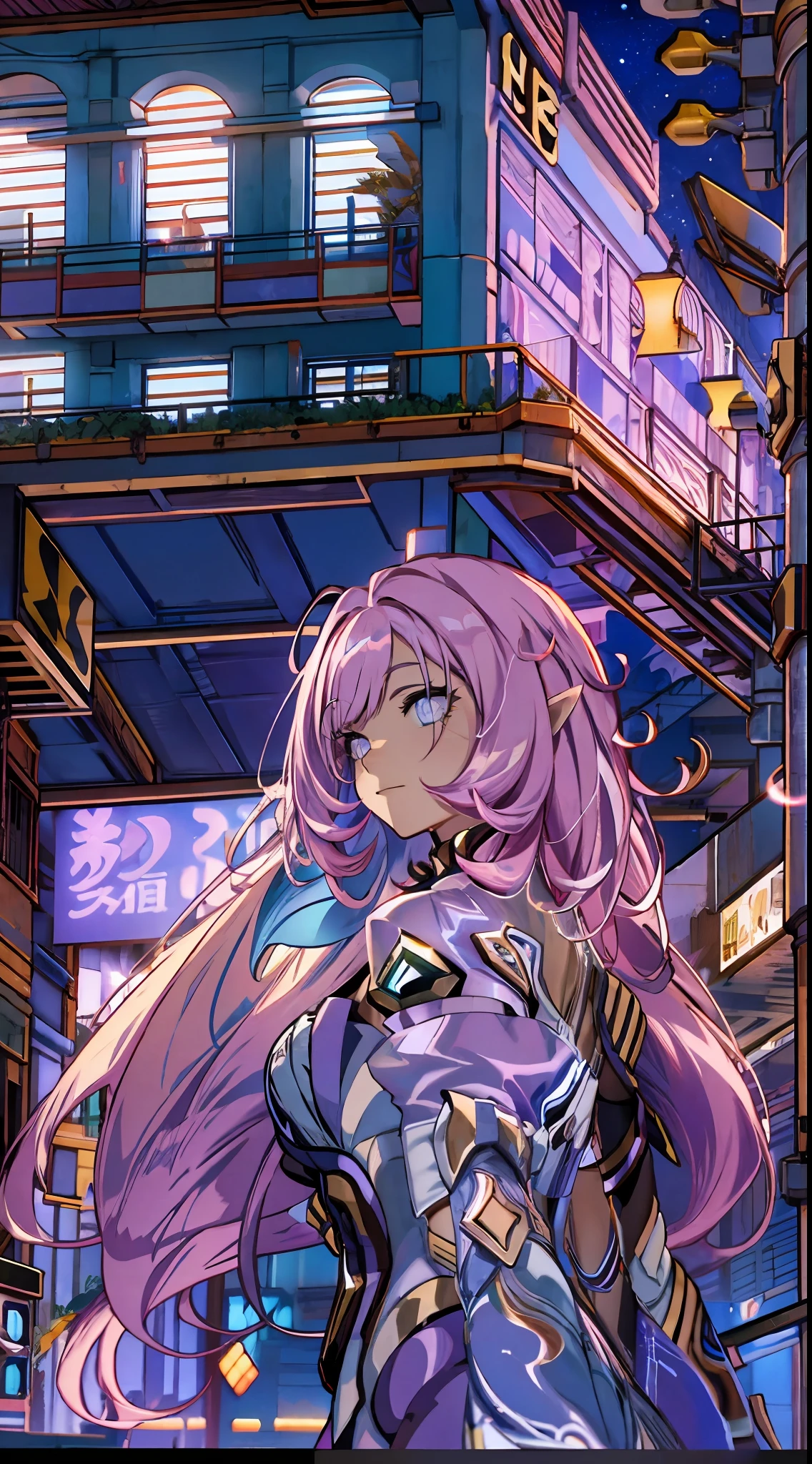 natta, Colorful cyberpunk city background,  of street, elysia,honkai impact,, blue colored eyes, glare eyes, blackstockings, back-illuminated, Glow Up, Surveying the audience, Low angle lens, looking up lens, perfect composition, perfect delicacy of light and shadow, 8k