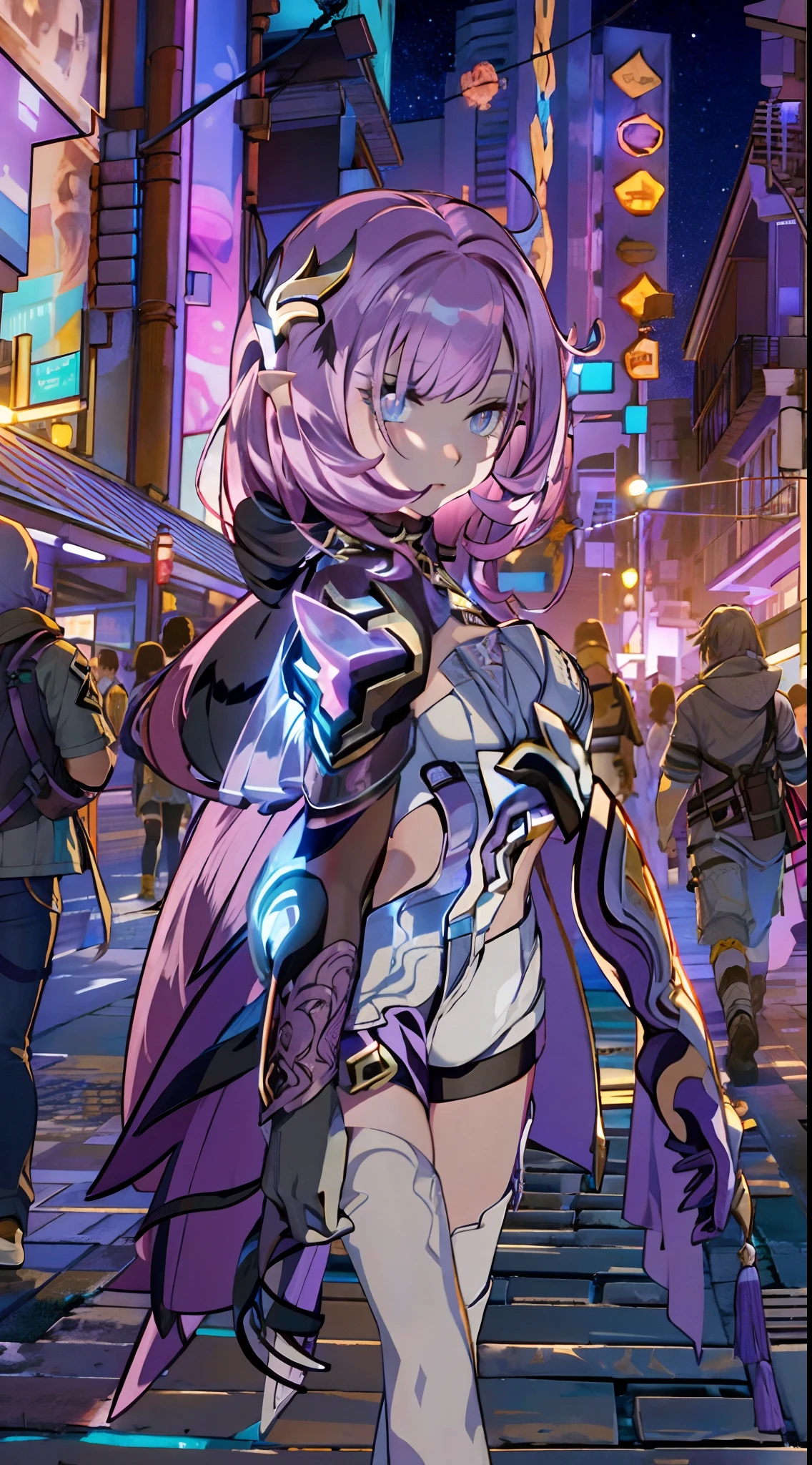 natta, Colorful cyberpunk city background,  of street, elysia,honkai impact,, blue colored eyes, glare eyes, blackstockings, back-illuminated, Glow Up, Surveying the audience, Low angle lens, looking up lens, perfect composition, perfect delicacy of light and shadow, 8k