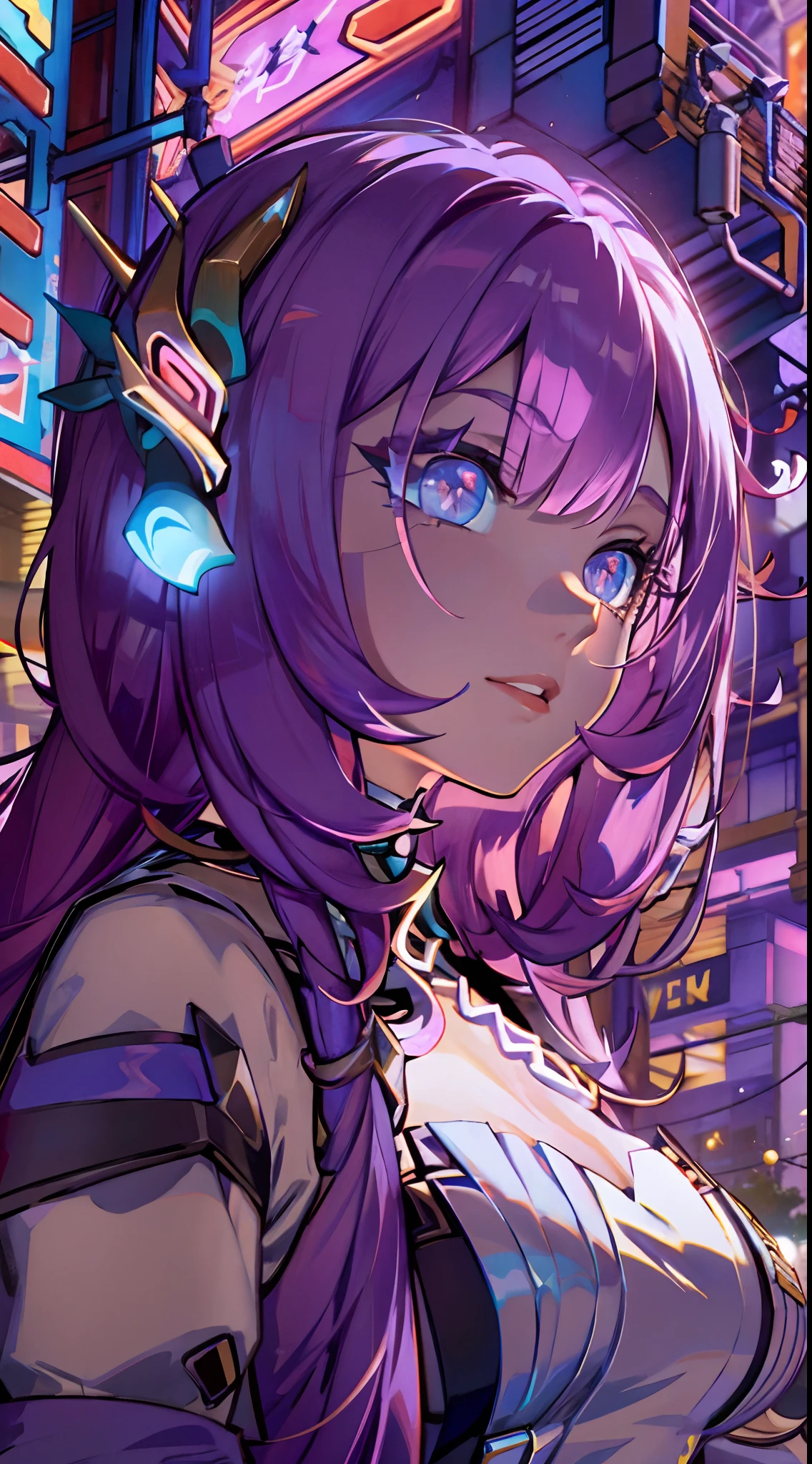 natta, Colorful cyberpunk city background,  of street, elysia,honkai impact,, blue colored eyes, glare eyes, blackstockings, back-illuminated, Glow Up, Surveying the audience, Low angle lens, looking up lens, perfect composition, perfect delicacy of light and shadow, 8k