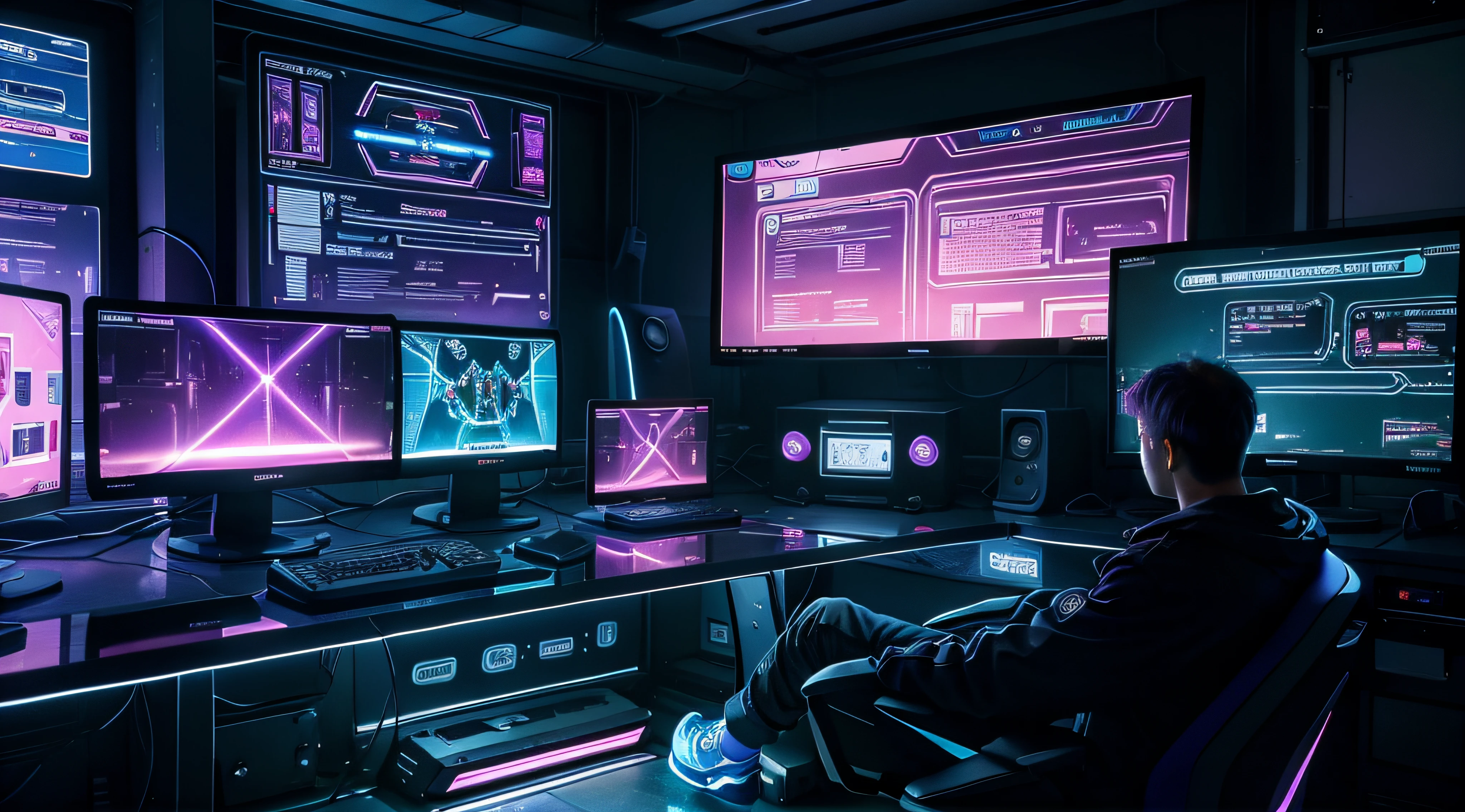 紫色和蓝色霓虹灯游戏电脑桌，配有多台显示器和键盘, 网络霓虹灯, 霓虹灯, 在一个大房间里，有大大的窗户，在阳光明媚的日落, 金属桌面游戏屏幕, 带网页和统计数据的透明屏幕, 带有统计数据的屏幕, 没有人类, 空椅子