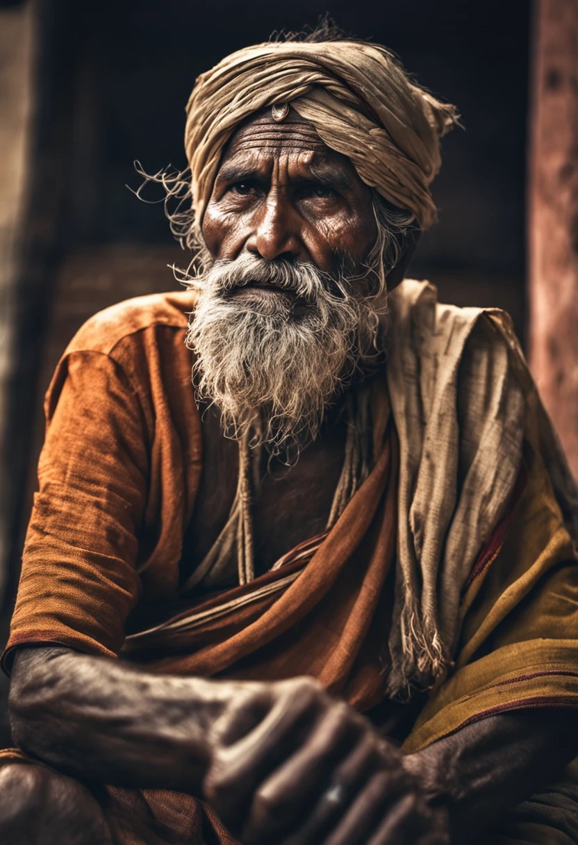 An old man with a long beard and a turban sits in a doorway - SeaArt AI