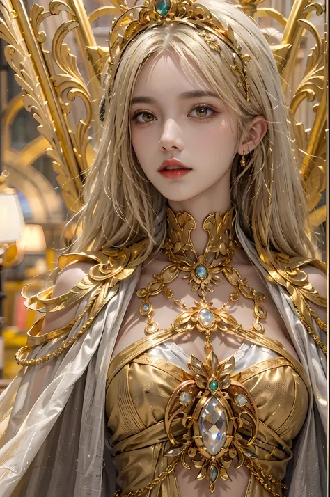 ultra detailed 8k cg,intricate detail,delicate patern,jewelry,gem,gold,golden,gold theme,shiny,glint,sparkle,blonde hair,yellow cloak,yellow eyes,rich,prestige,gothic architecture,(topless:1.1),