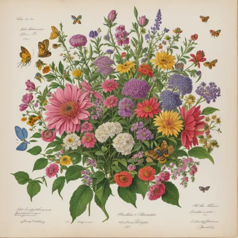 (beste-Qualit: 1.2), (Detailed: 1.2), (tmasterpiece: 1.2), Vintage botanical illustrations of butterflies and bees, ((Bouquet of...