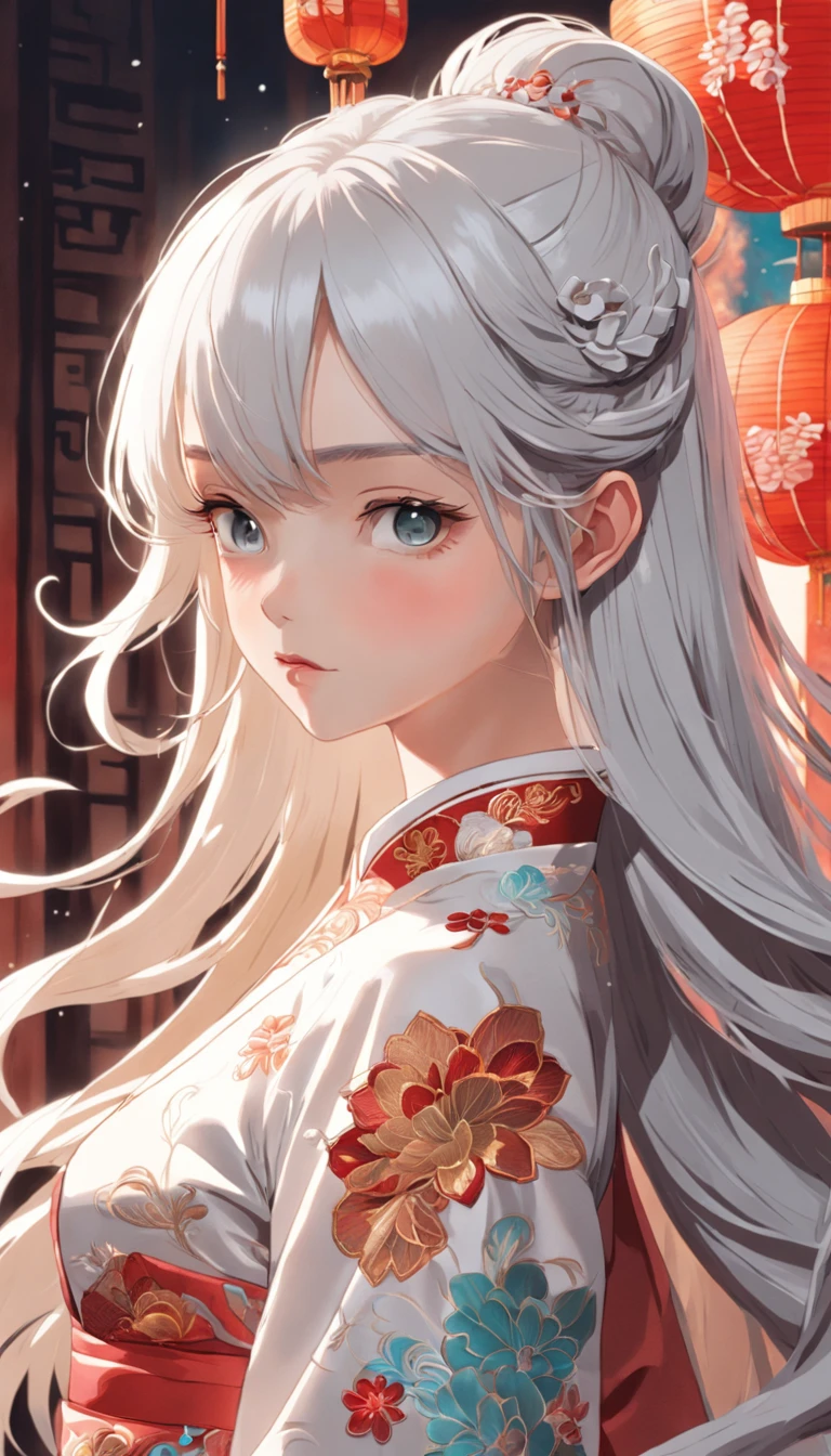 Royal Sister，Cold and glamorous，Raised sexy，on cheongsam，Embroidery，(1girll，White color hair，closeup cleavage， colorfull long hair, Oriental elements)，(Super refined，Chinese illustration:1.3，paper art:1.3, Quilted paper art:1.2),( reasonable design, Clear lines, High sharpness,Best quality, Very detailed, Masterpiece, movie light effect, 4K )