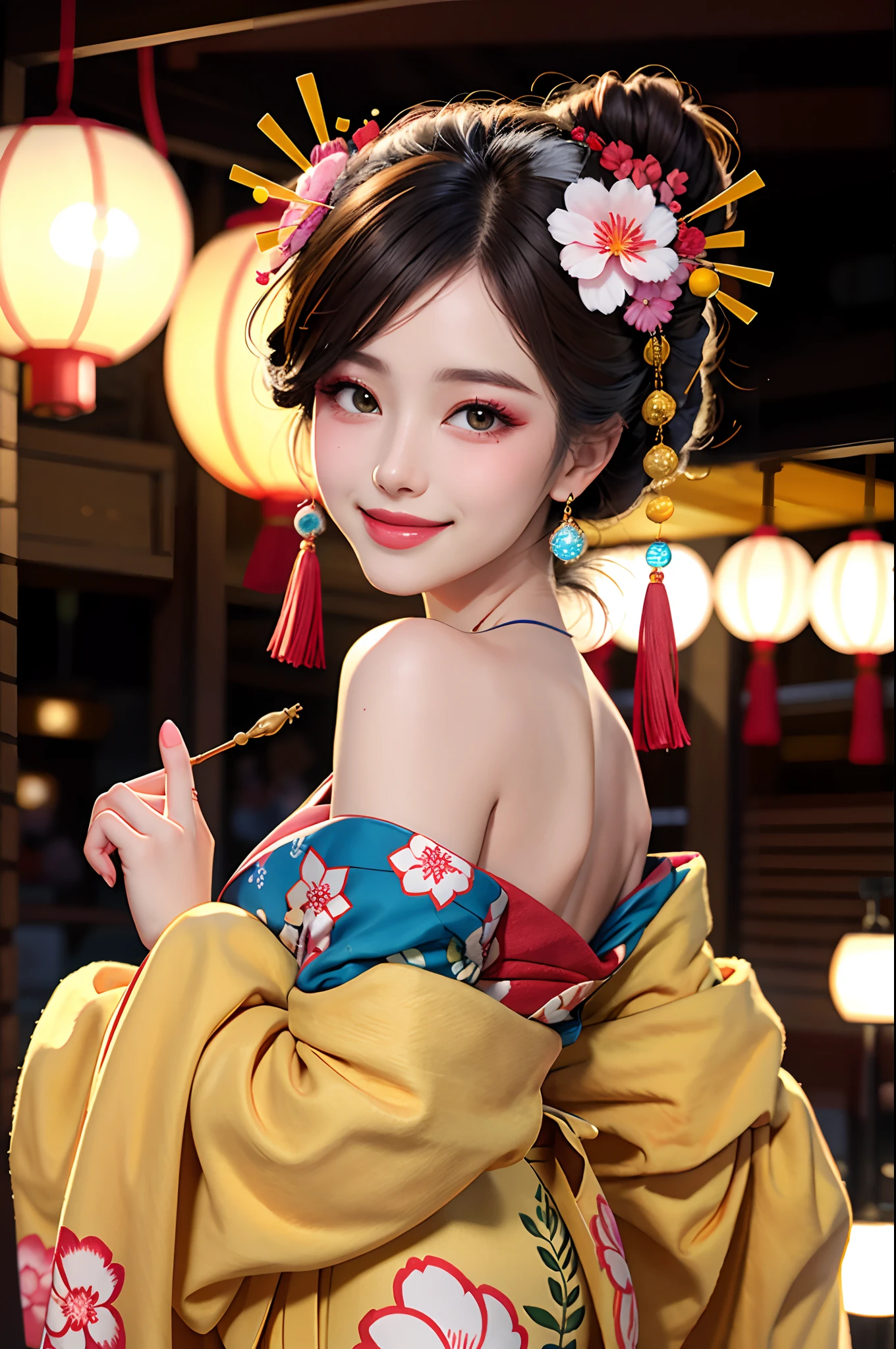 4K, Masterpiece, highres, absurdres,natural volumetric lighting and best shadows, smiling,deep depth of field,soft delicate beautiful attractive face, beautiful edgOiran_woman, a woman in a kimono posing for a picture  ,perfect edgOiran_face,perfect edgOiran_body,edgOiran_makeup,edgOiran_hairstyle