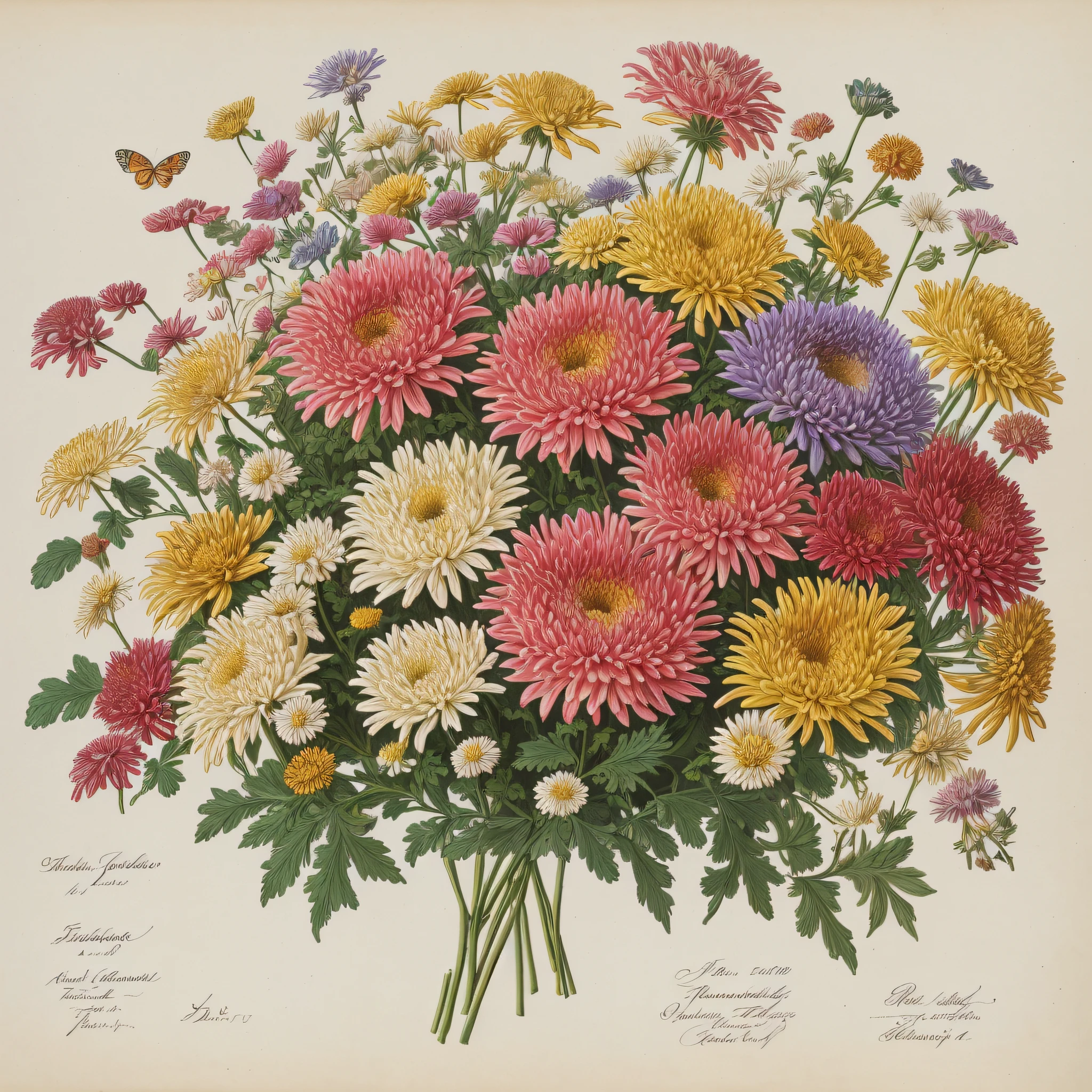 (mejor calidad: 1.2), (detallado: 1.2), (obra maestra: 1.2), Ilustraciones botánicas antiguas de mariposas y abejas., ((Ramo de crisantemos))  (1770-1775) en alta resolución por John Edwards