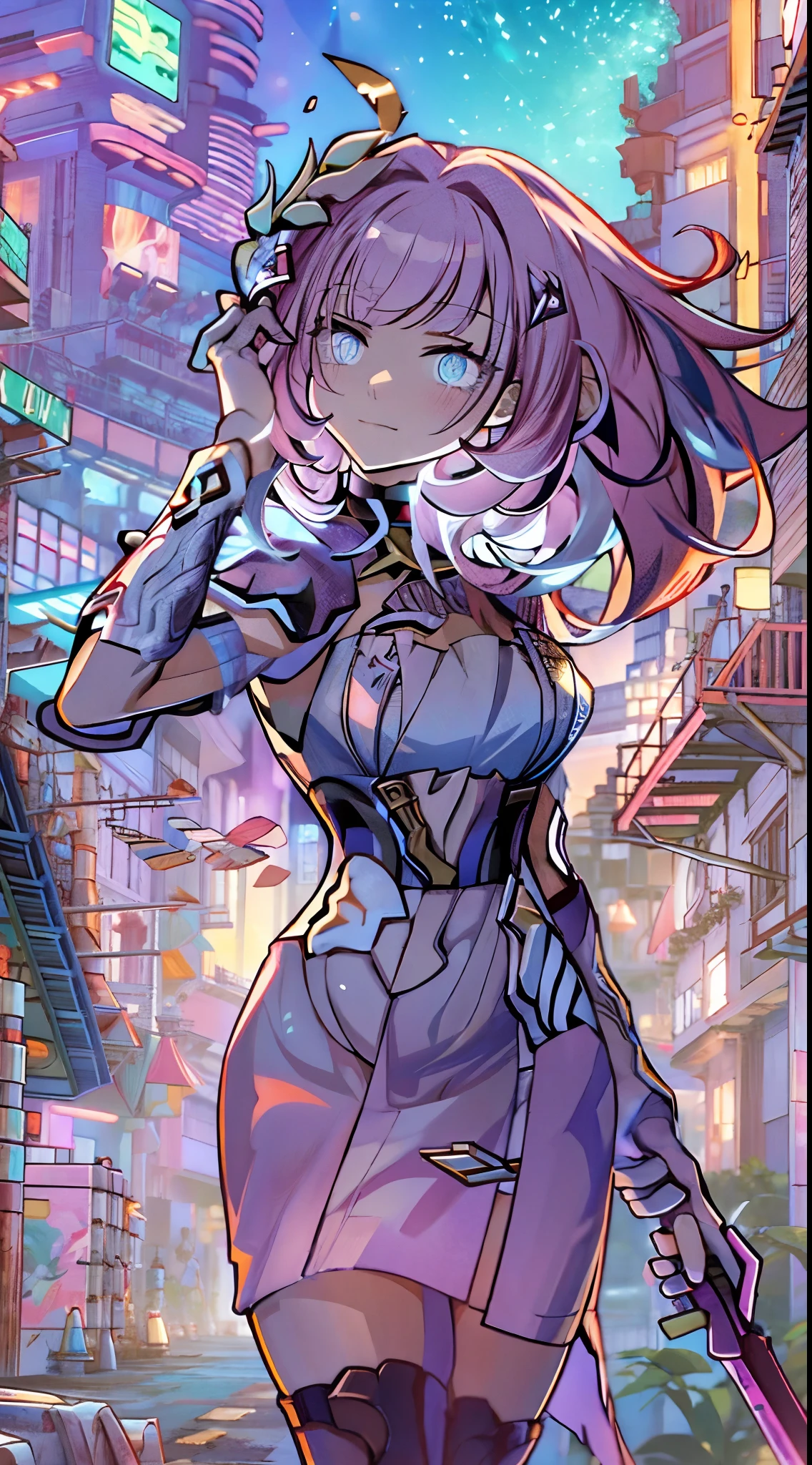 natta, Colorful cyberpunk city background,  of street, elysia,honkai impact, blue colored eyes, glare eyes, blackstockings, back-illuminated, Glow Up, Surveying the audience, Low angle lens, looking up lens, perfect composition, perfect delicacy of light and shadow, 8k