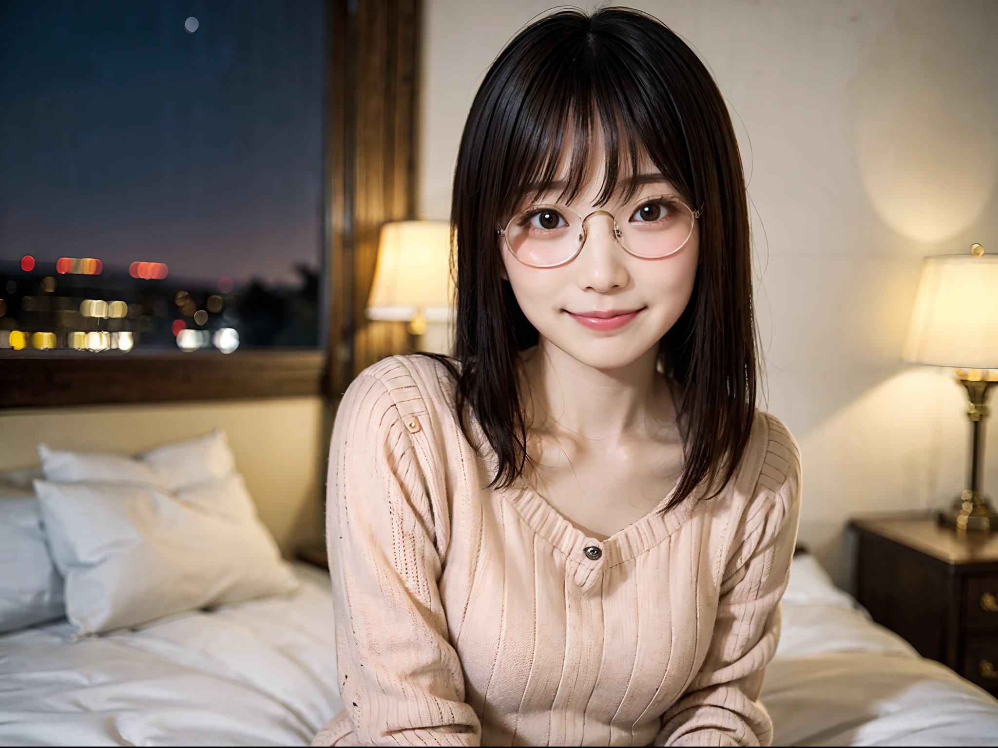 Une fille japonaise en tenue décontractée dans une chambre d&#39;hôtel la nuit、en regardant les téléspectateurs、(qualité supérieure、chef d&#39;oeuvre)))、haute résolution、très détaillé、chef d&#39;oeuvre、éclairage de cinéma、(8k、qualité supérieure、chef d&#39;oeuvre:1.2)、(réaliste、Photoréaliste:1.37) Haute résolution、L&#39;ultra-détaillé、Femme à lunettes、Lunettes rondes à monture fine、montures de lunettes de couleur claire、humain asiatique, mignon petit, visage mignon, solo, cheveux courts 1.2, peau texturée, beau visage souriant, Beau ciel nocturne détaillé, Paysage nocturne détaillé, éclairage de cinéma, profondeur de champs, Lumière parasite、assis dans son lit、Datation、(rougir le nez)、(un sourire:1.15)、(Bouche fermée)petite poitrine、de beaux yeux finement détaillés、(Chandails:1.1)、la nuit、(cheveux courts:1.2)、cheveux flottants style grenouille nova、