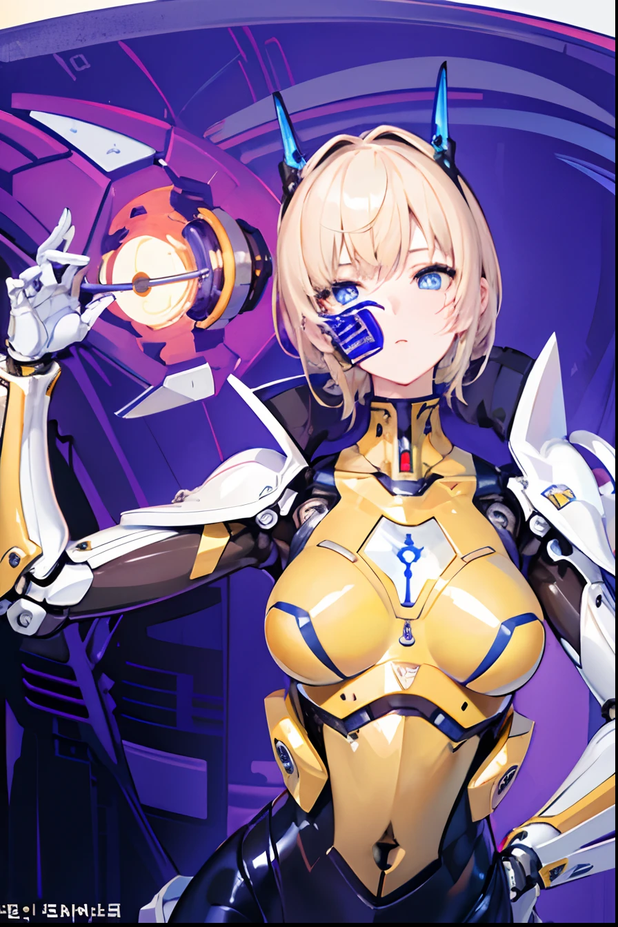 Masterpiece, solo,1girl, blue eyes, mecha musume, mechanical parts, robot joints, metal headgear, turtleneck, detailed background, depth of field, blonde, short hair, Korean idol, aespa Winter, yellow jumpsuits, black spandex, wind, metal suits, detailed skins, detailed clothes,