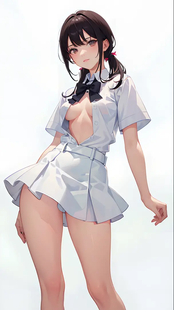1girl, solo, white polo shirt, white sneakers, school uniform, white miniskirt, masterpiece, best quality, realistic, hyper-detailed, (shiny skin, sweaty:1.0), absurd, looking at viewer, short black hair, brown eyes, slender, dynamic lighting, high resolut...