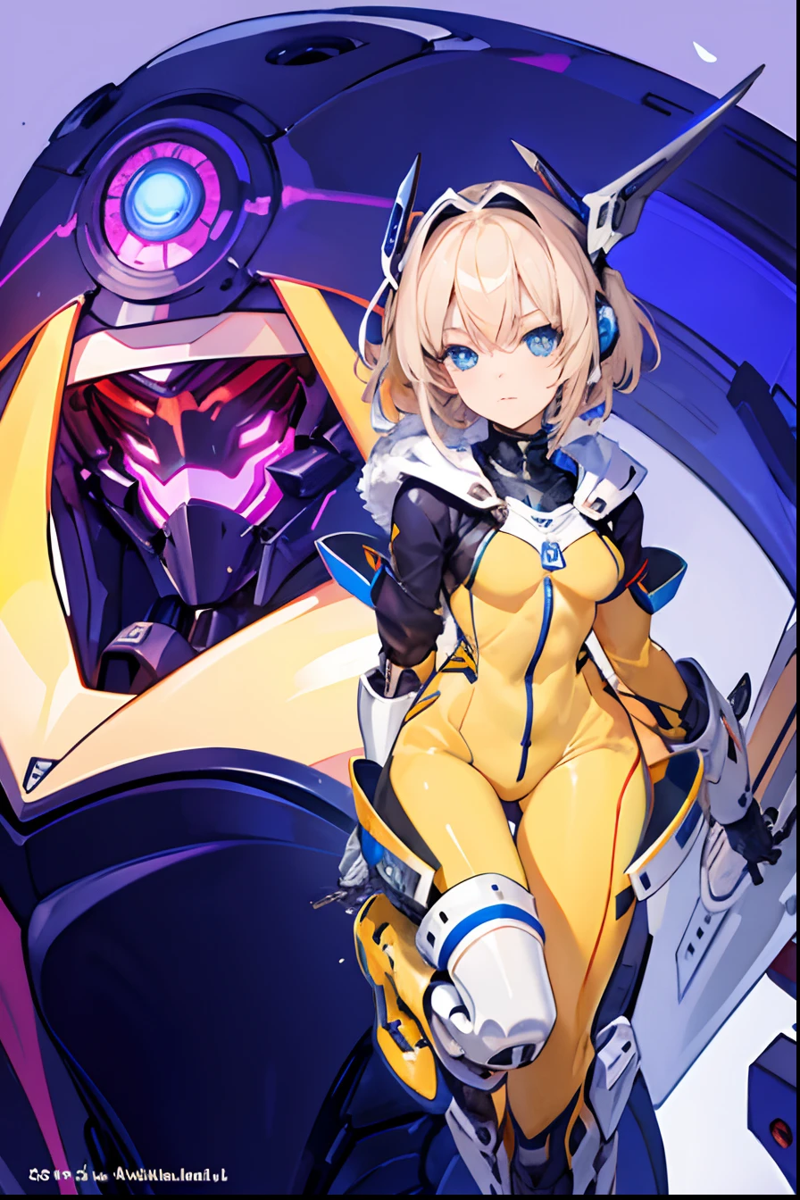 Masterpiece, solo,1girl, blue eyes, mecha musume, mechanical parts, robot joints, metal headgear, turtleneck, detailed background, depth of field, blonde, short hair, Korean idol, aespa Winter, yellow jumpsuits, black spandex, wind, metal suits, detailed skins, detailed clothes,