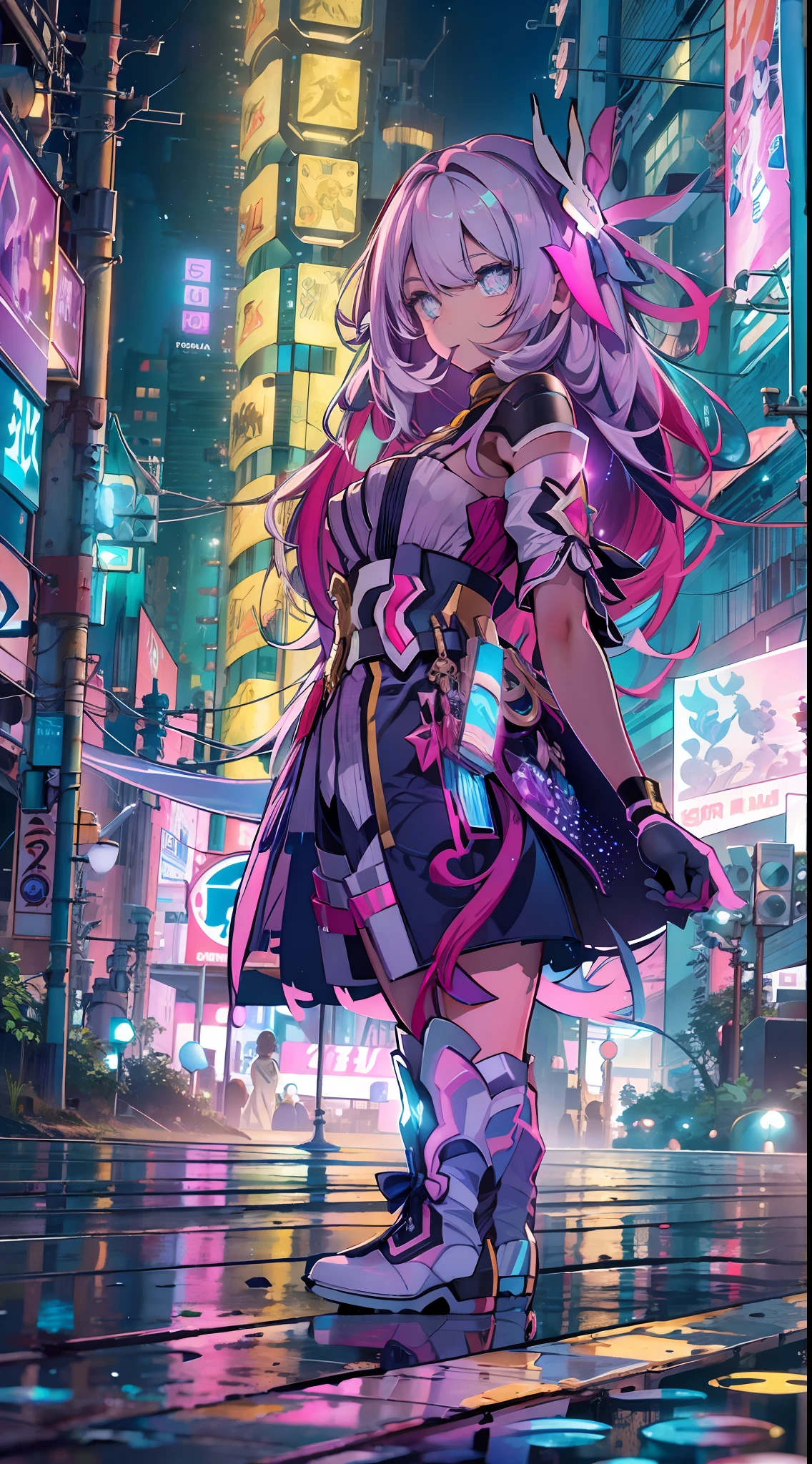 natta, Colorful cyberpunk city background,  of street, elysia,honkai impact, blue colored eyes, glare eyes, blackstockings, back-illuminated, Glow Up, Surveying the audience, Low angle lens, looking up lens, perfect composition, perfect delicacy of light and shadow, 8k