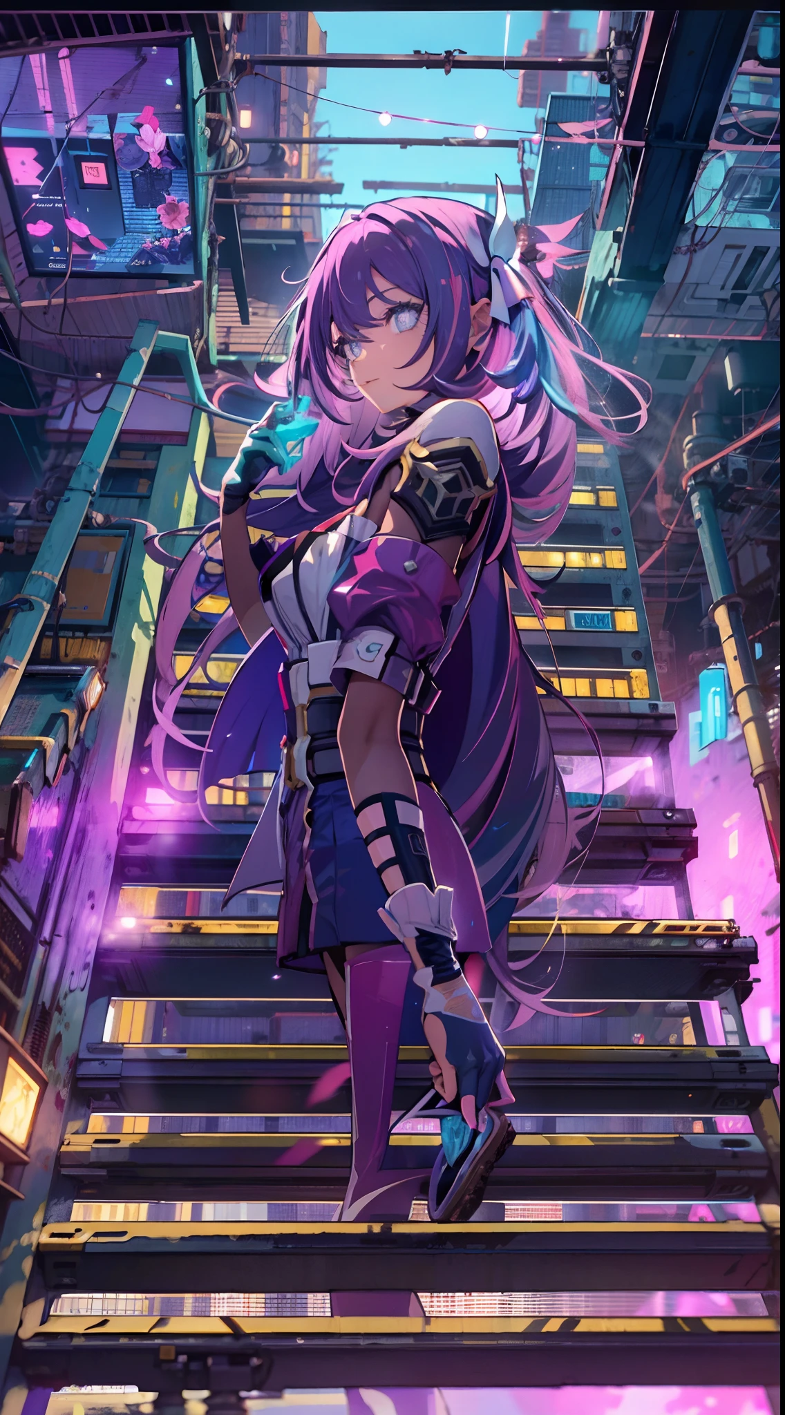 natta, Colorful cyberpunk city background,  of street, elysia,honkai impact, blue colored eyes, glare eyes, blackstockings, back-illuminated, Glow Up, Surveying the audience, Low angle lens, looking up lens, perfect composition, perfect delicacy of light and shadow, 8k