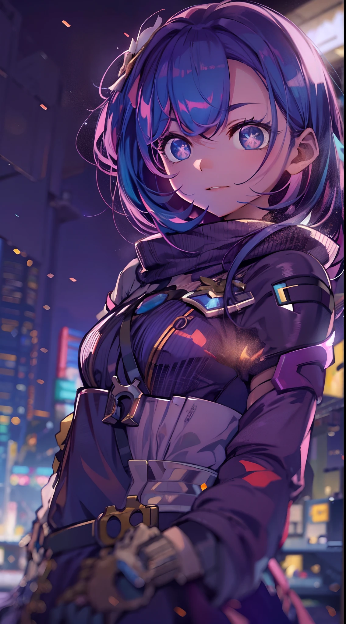 Nuit, Fond de ville cyberpunk coloré,  de rue, Élysée,impact honkai, yeux bleus, yeux pétillants, chaussettes noires, rétroéclairé, briller, Sonder le public, objectif faible angle, regardant l&#39;objectif, composition parfaite, délicatesse parfaite de la lumière et de l&#39;ombre, 8k