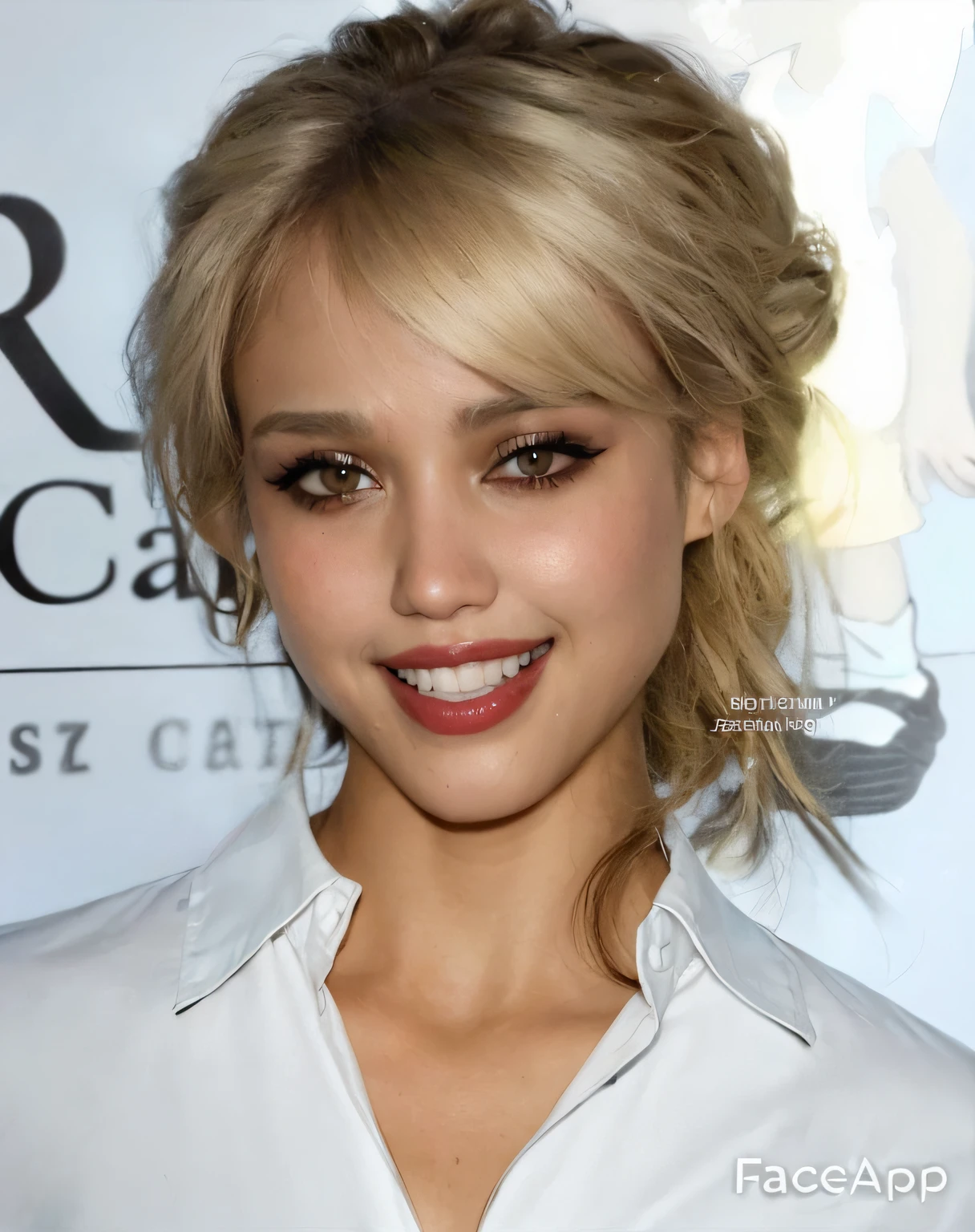 a close up of a woman with a messy ponytail and a white shirt, jessica alba woman, jessica alba, perfect face ), most beautiful woman on earth, perfect face!!!, perfect face!!, attractive female face!!!, her hair is natural disheveled, central parted fringe, center parted bangs, blonde hair and large eyes, curly bangs and ponytail