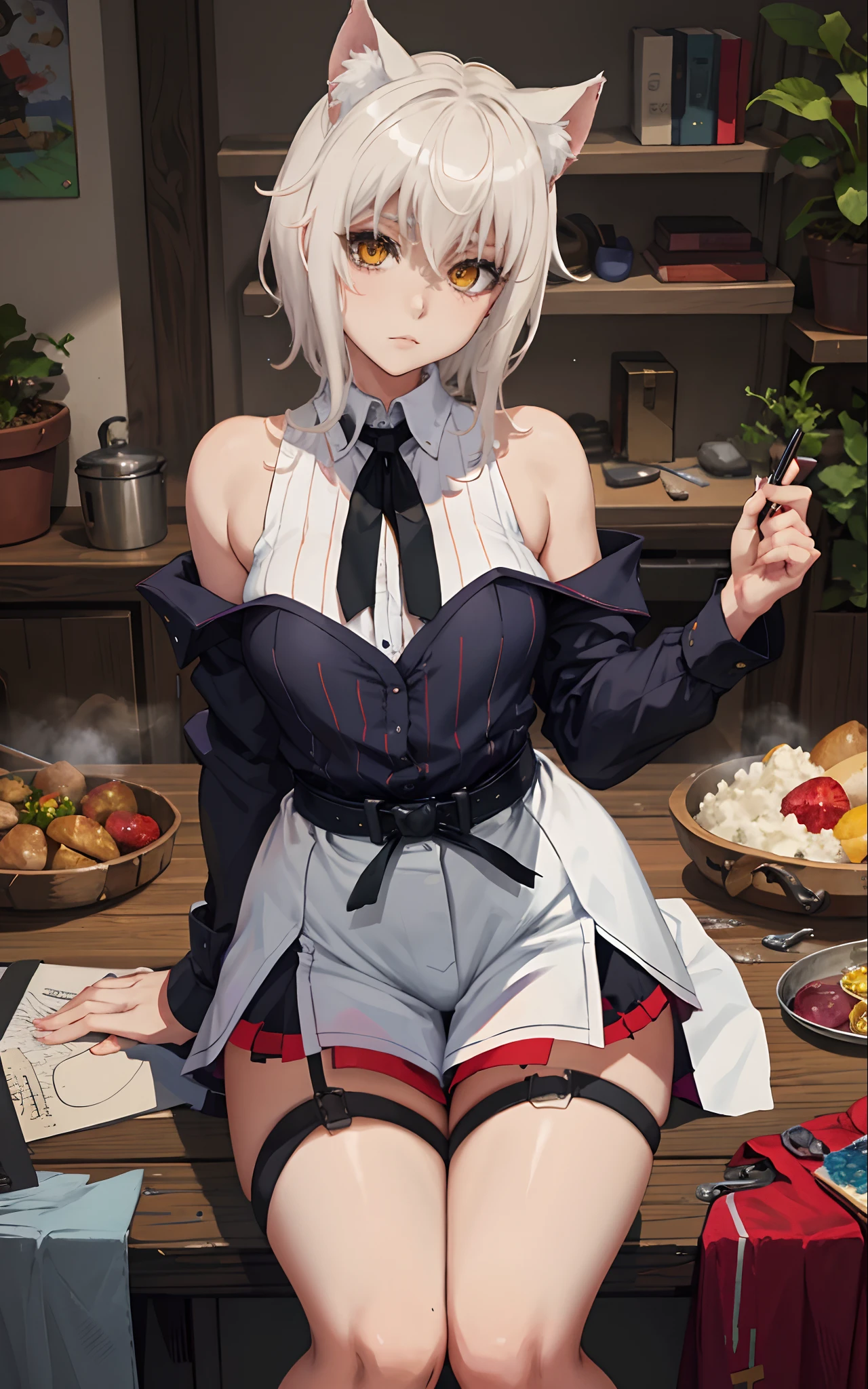 black negligee, Short shorts, 鎖骨, tmasterpiece, beste-Qualit, hight resolution, dark persona, The theme of watercolor painting, (looking a viewer: 1.1), wide thighs, big butt, Tojo Koneko, Yellow eyes, white colored hair, Short Hair Hair, cat ears, striped shirt, black ribbon around the neck, Erotica, steam, Sex