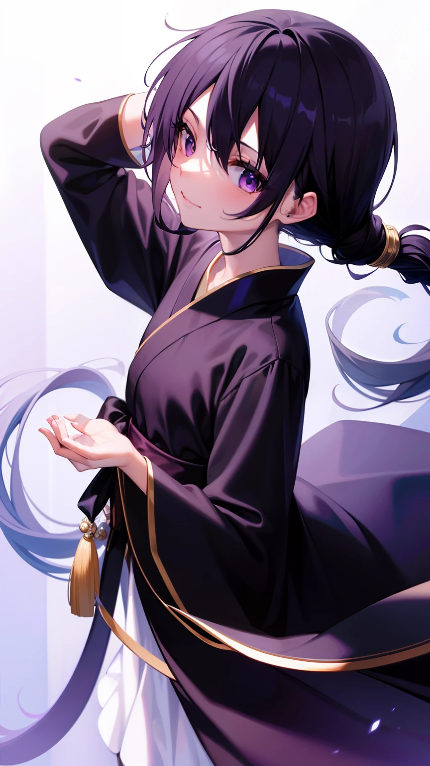 Anime girl dans une tenue kimono avec une queue de cheval et une robe noire  - SeaArt AI