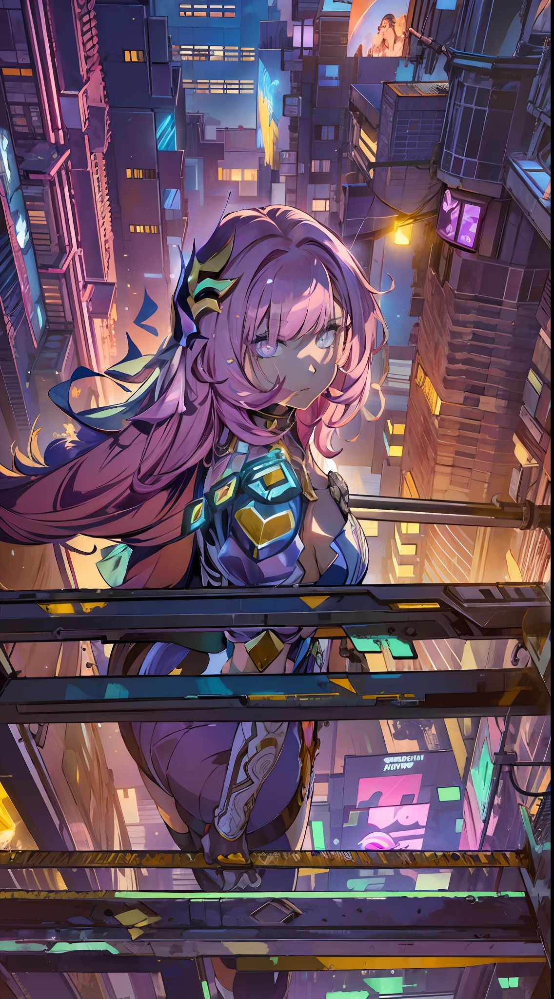 natta, Colorful cyberpunk city background,  of street, elysia,honkai impact, blue colored eyes, glare eyes, blackstockings, back-illuminated, Glow Up, Surveying the audience, Low angle lens, looking up lens, perfect composition, perfect delicacy of light and shadow, 8k