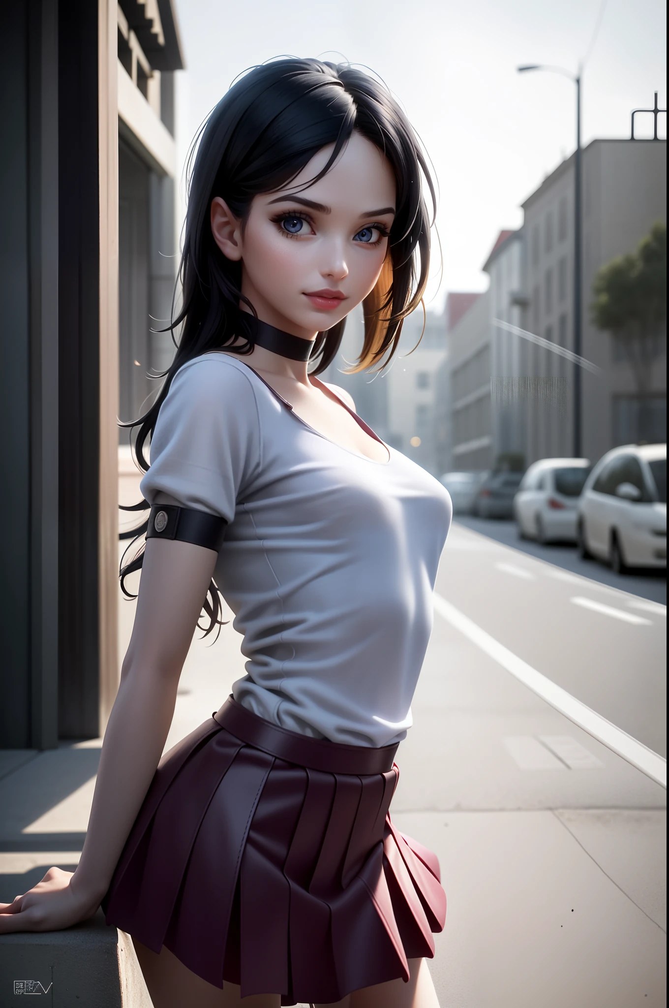 (1girl:1.4),(realistic:1.5),photorealistic, octane render,(hyperrealistic:1.2),(skirt,shirt:1.1),from side,full body ,(skindentation:1.3),(photorealistic face:1.2),(medium|tiny breasts:1.4),thick eyelashes,long eyelashes,arm straps,choker,white legwear,(skindentation:1.3),best quality,  (street:1.3),outdoors,dynamic pose, smile,parted lips,looking at viewer,sharp focus,(8k), (4k), (Masterpiece), (Best Quality), fantasy, extremely detailed, intricate, hyper detailed, (perfect face), illustration,soft lighting,(specular lighting:1.4)