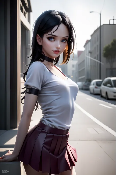 (1girl:1.4),(realistic:1.5),photorealistic, octane render,(hyperrealistic:1.2),(skirt,shirt:1.1),from side,full body ,(skindenta...