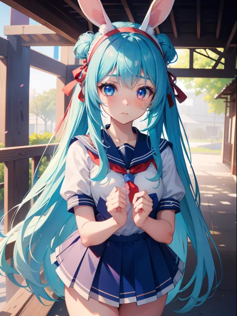 （Top quality ultra-detailed CG art、Cultural Festival、Rabbit ear headband：1.2）School Cultural Festival、Blue hair、Big eyes、cold stare、Cool Beauty、1６age、red blush、Troubled eyes、Twin-tailed、、breasts are small、Summer school uniform、