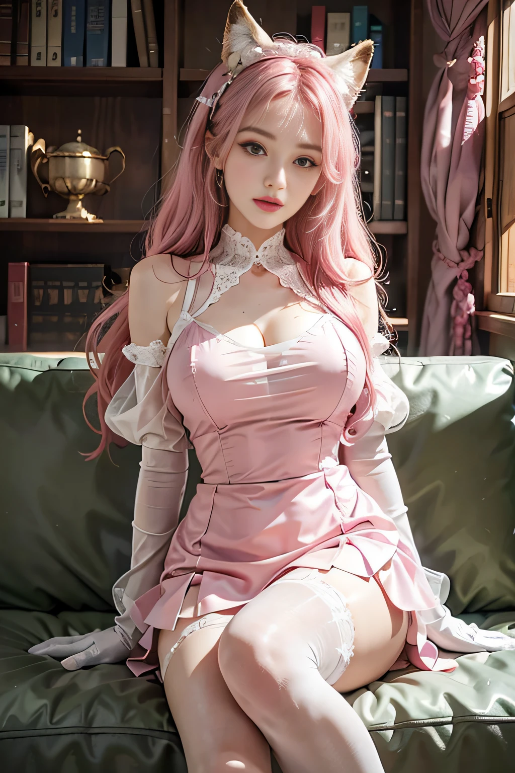 gentlesoftlighting， 1girll， 独奏， Sat down， （starrysky， the night， 城市）， （pink garter：1.2），thigh high，pink garter，（Huge_Breasts：1.4）， fox ear， （subsurfacescattering）， long whitr hair， Pink skinny dress，shighleg leotard， Frilled tight skirt， Pink decoration，Black sofa， messy  hair， Pink hair， gloves on the elbow， see-through transparent clothes， janelas， bookshelves， lace neck garter，white bows，pink ribbons