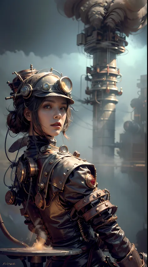 There's a muscled 1woman with a steam-powered dusky skin, with big boobs,Royal look,helmet, arte conceitual steampunk, sexzy ful...