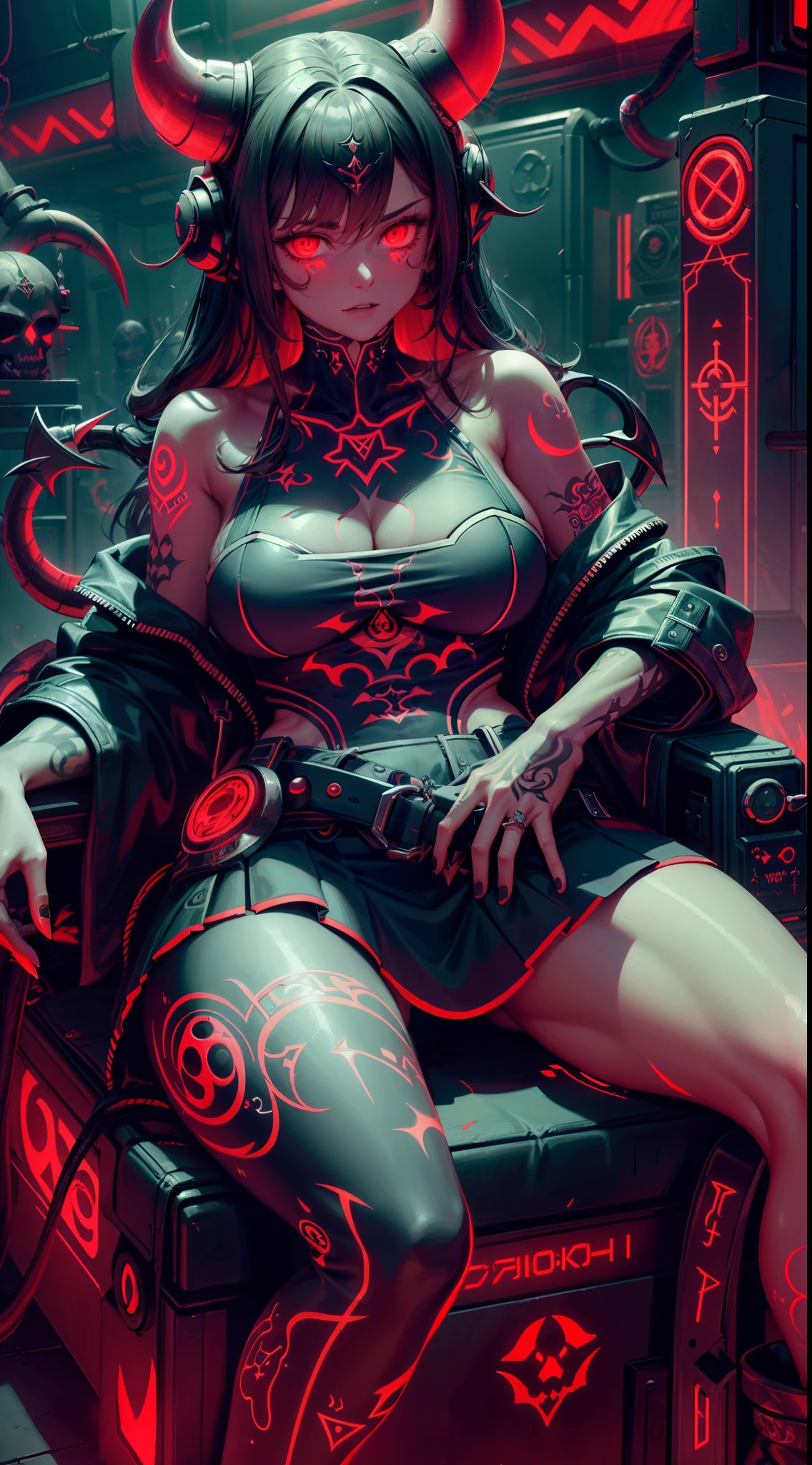 high resolution, Masterpiece artwork, best qualityer, 1girl, demonictech, many tattoos, futuristic clothing, skirt, sitting, neon details, neon cyberpunk style, in the background a shadowy laboratory, finely detailed skin, Breasts huge, very muscular legs