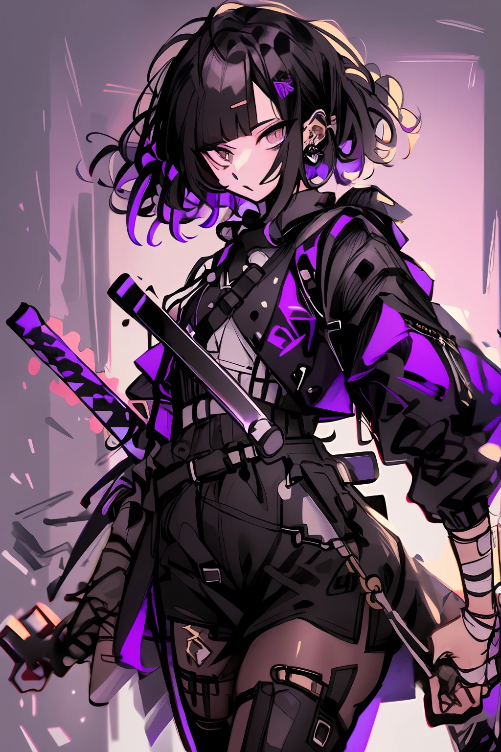 1girll，with short black hair，Golden eyes，Purple Flame Katana（1.2），Hold the handle of the knife in your hand（1.4），Bandages on the legs，Bandages on the wrists，black cloaths，black short skirt，Side Body（1.2），