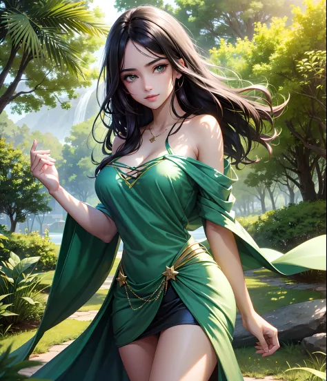 (((A young woman))), the anime, ( Green eyes), (black hair), Nice face, ssmile, the perfect body, Wavy Hair, hairlong, (((morena...