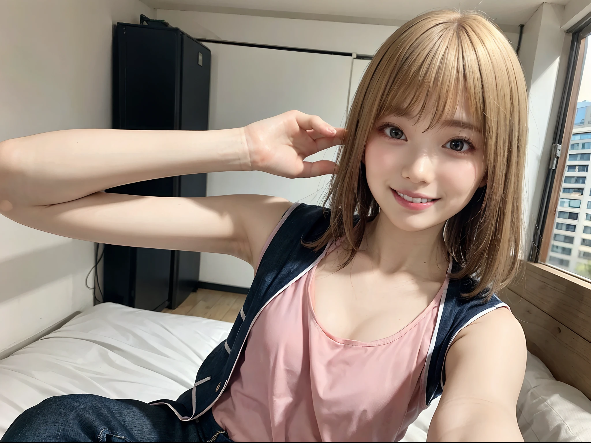 blond woman in a、shorth hair、Smaller chest、Short sleeve T-shirt in pink color、Wearing a navy sleeveless jacket over a t-shirt、Wearing light blue jeans、Wearing a black belt、A bracelet、Posing with a smile at home(top-quality、Master masterpiece)))、HD fine、ighly detailed、Master masterpiece、