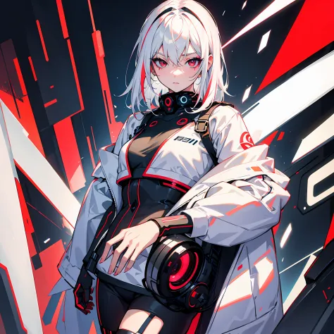 Vivid and colorful colors，White-haired girl，Raised sexy，cyber punk character，red color eyes ， Delicate lines
